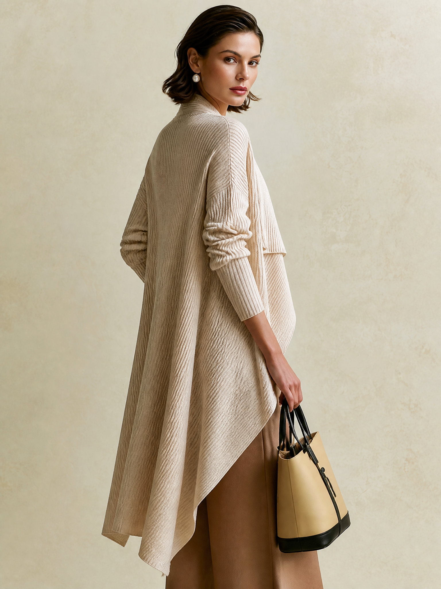 Elegant Cream Rib Wide Lapel Draped Midi Knit Cardigan