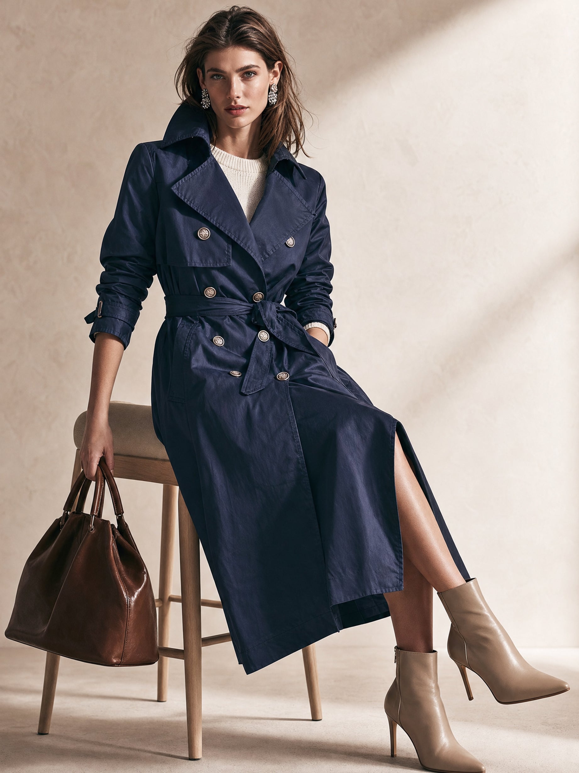 Navy Tailored Double-Breasted Belted Trench Coat Windbreaker