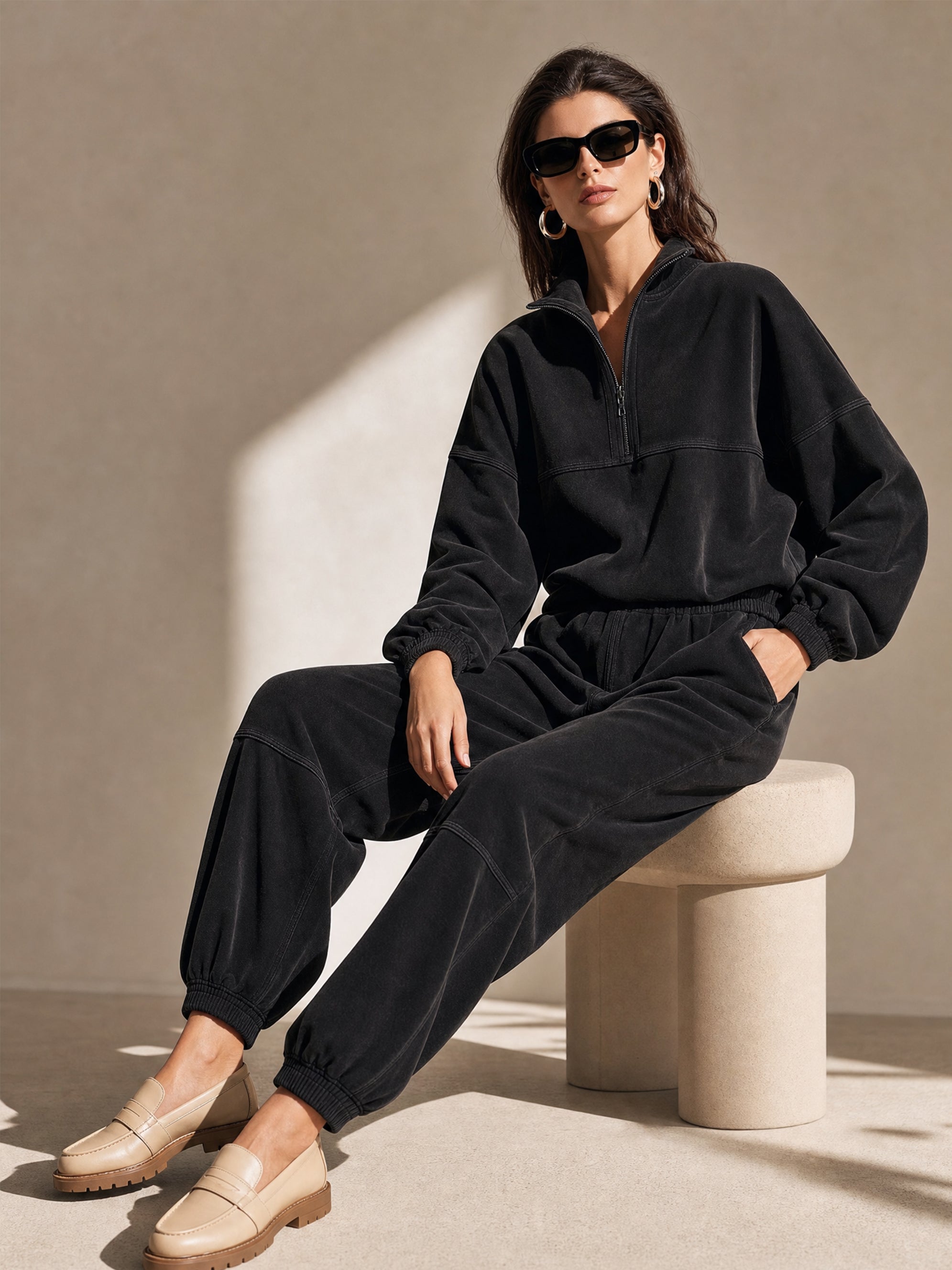 Vintage Half-Zip Pullover&Wide Leg Pants Set