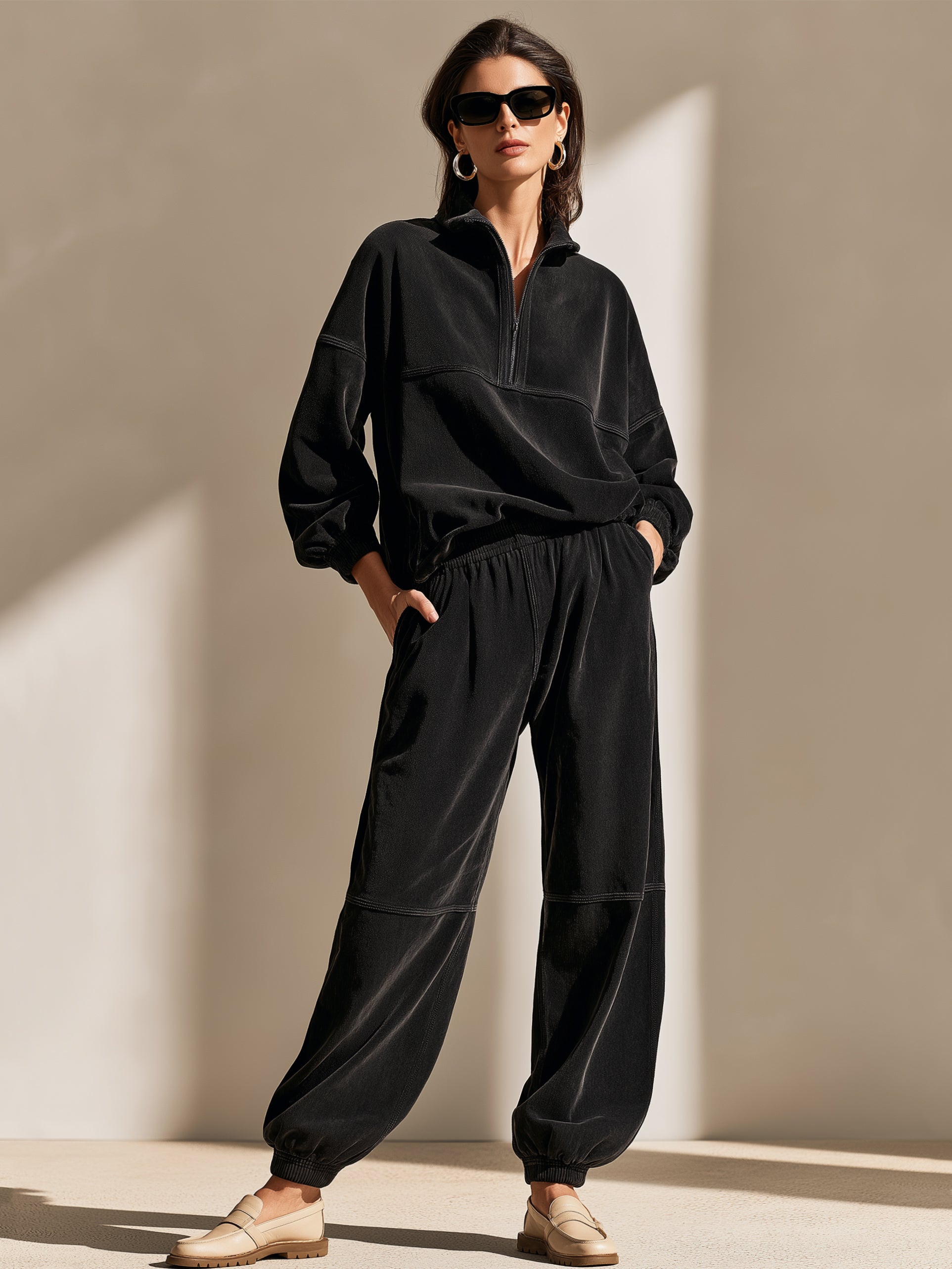 Vintage Half-Zip Pullover&Wide Leg Pants Set