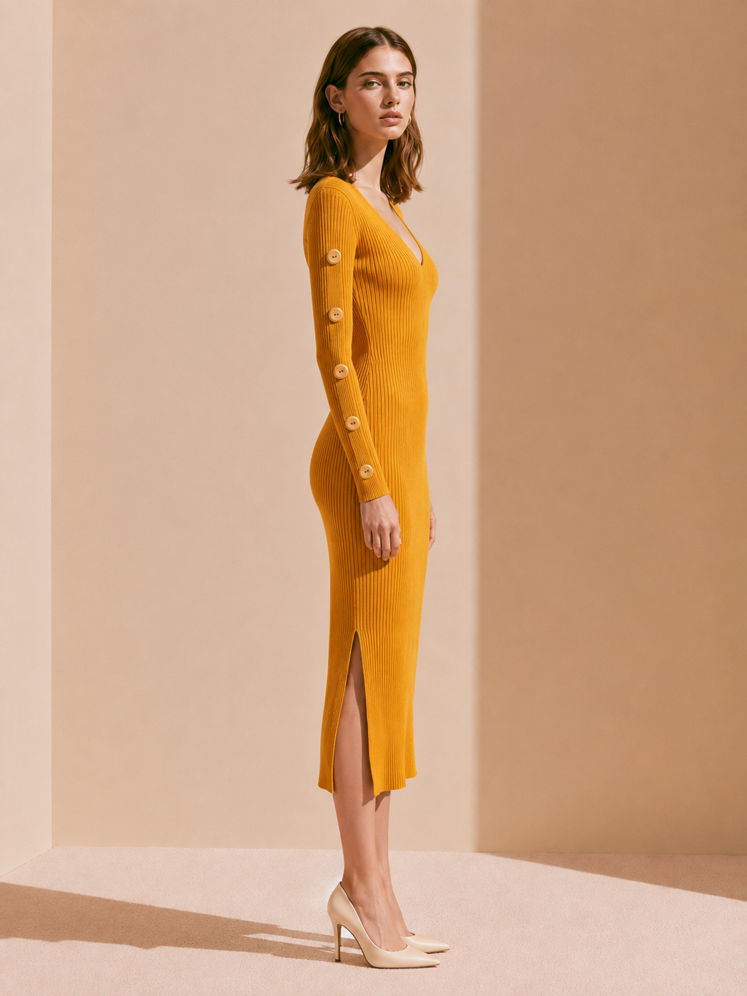 Elegant Yellow Knitted Dress With Button Detailing