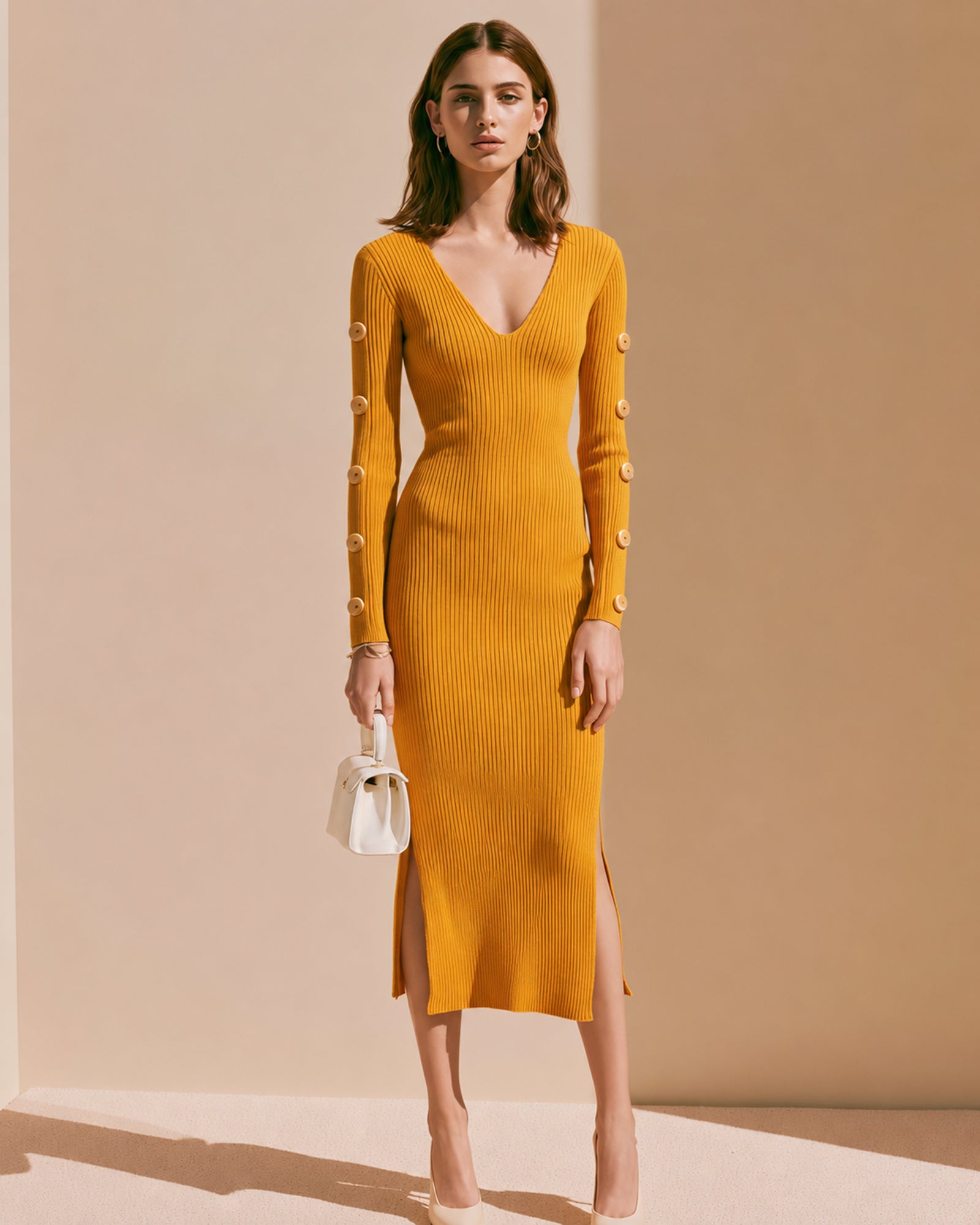 Elegant Yellow Knitted Dress With Button Detailing