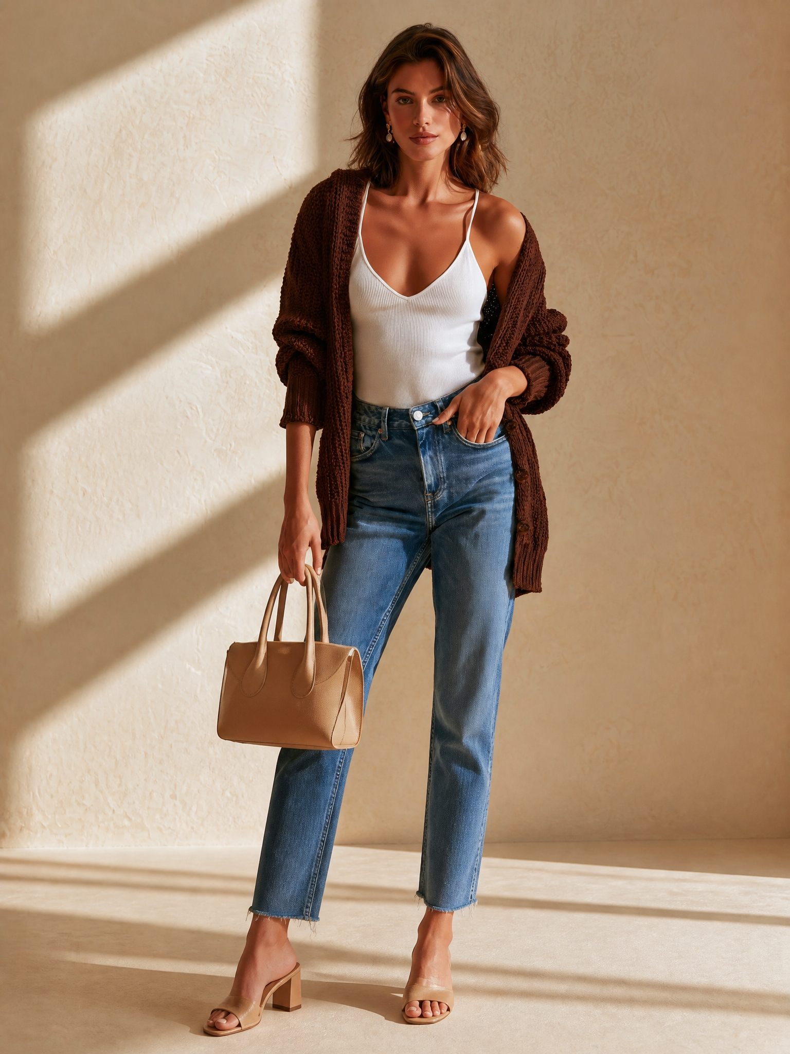 Chocolate Open Knit Oversized Long Sleeve Cardigan Jacket