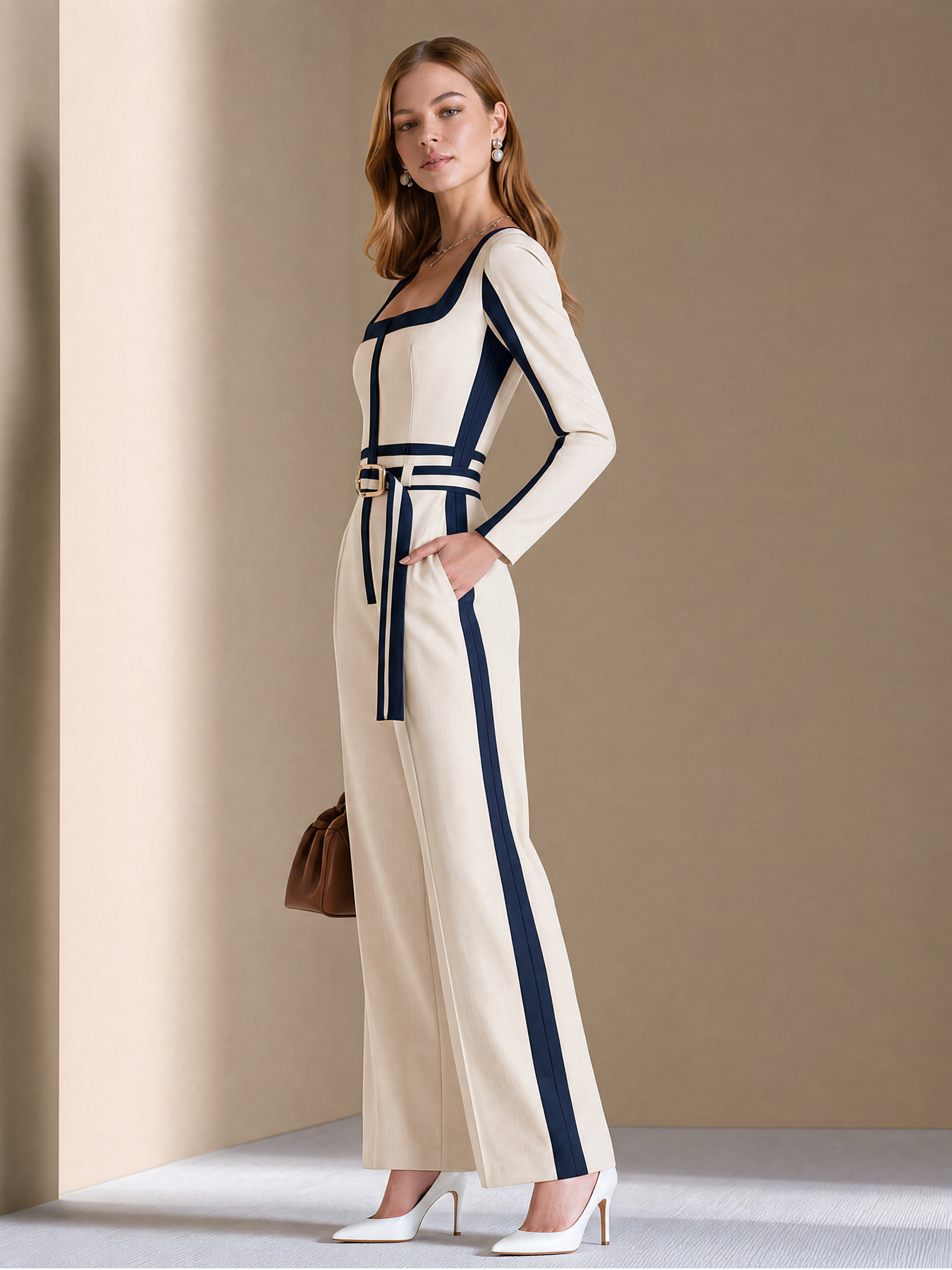 Elegant White & Navy Contrast Trim Square Neck Jumpsuit