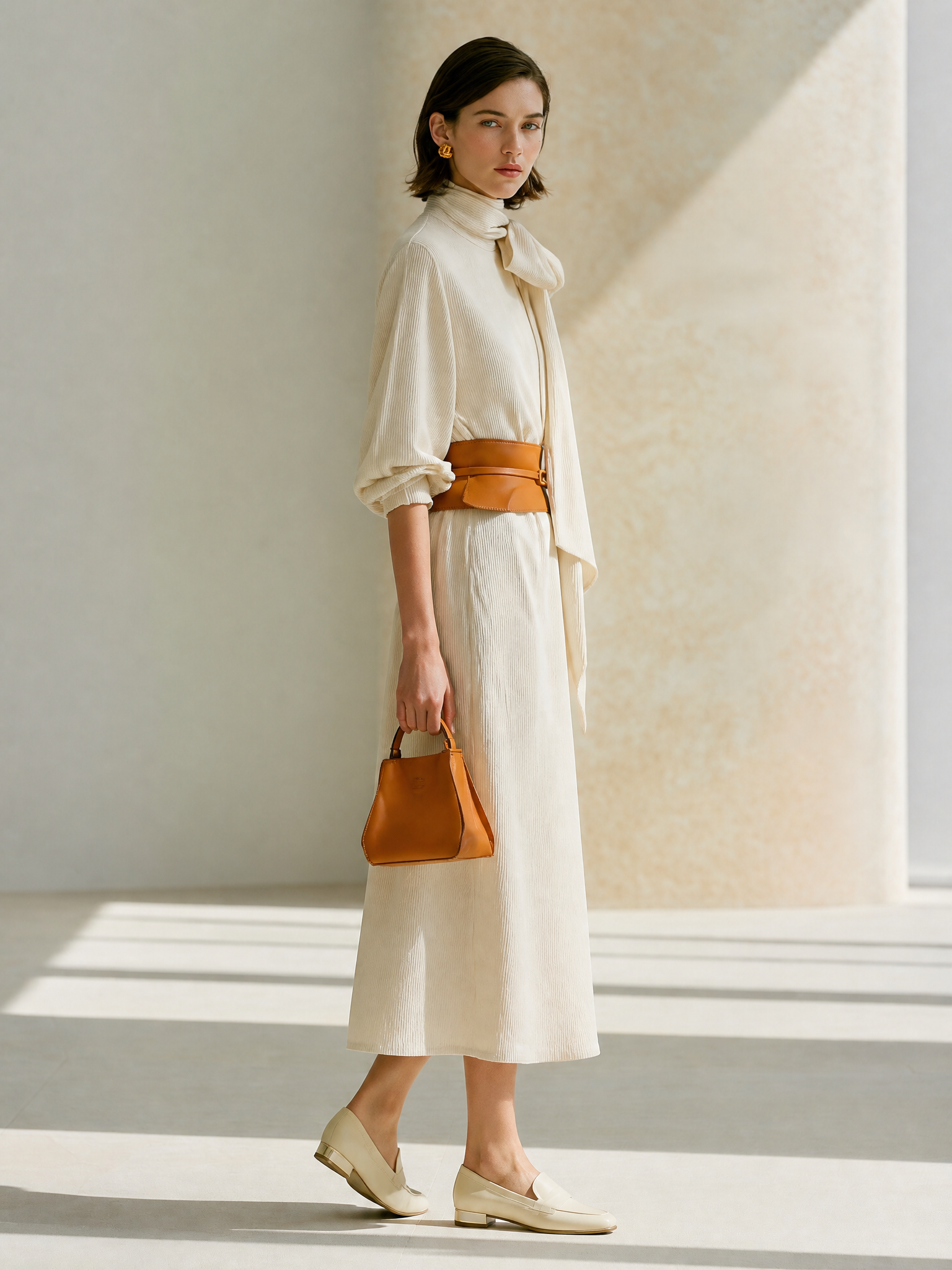 Elegant Relaxed Cream Turtleneck Waisted Corduroy Midi Dress