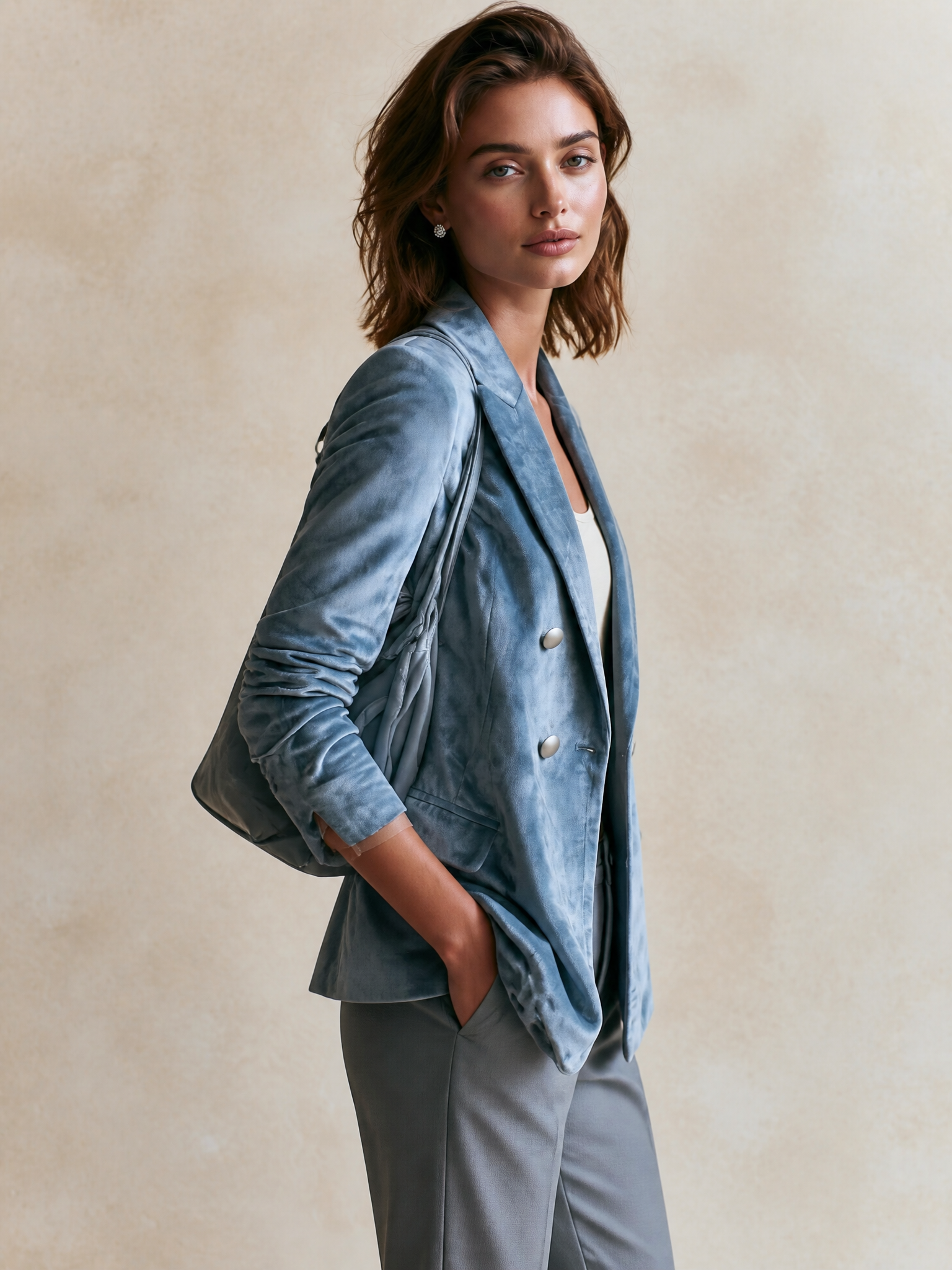 Elegant Haze Blue Velvet Double Button Blazer