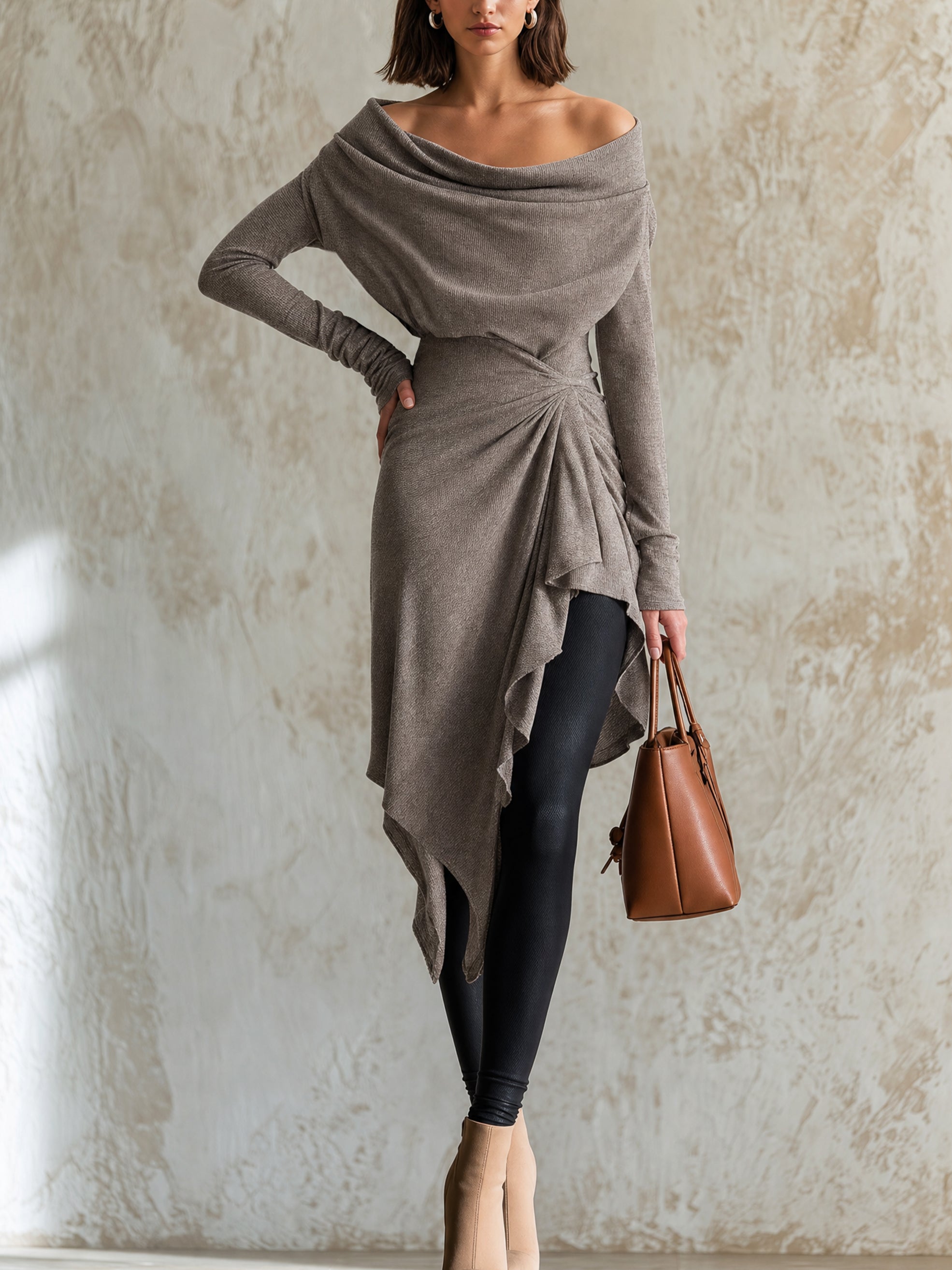 Draped Off-Shoulder Asymmetric Knit Tunic Top