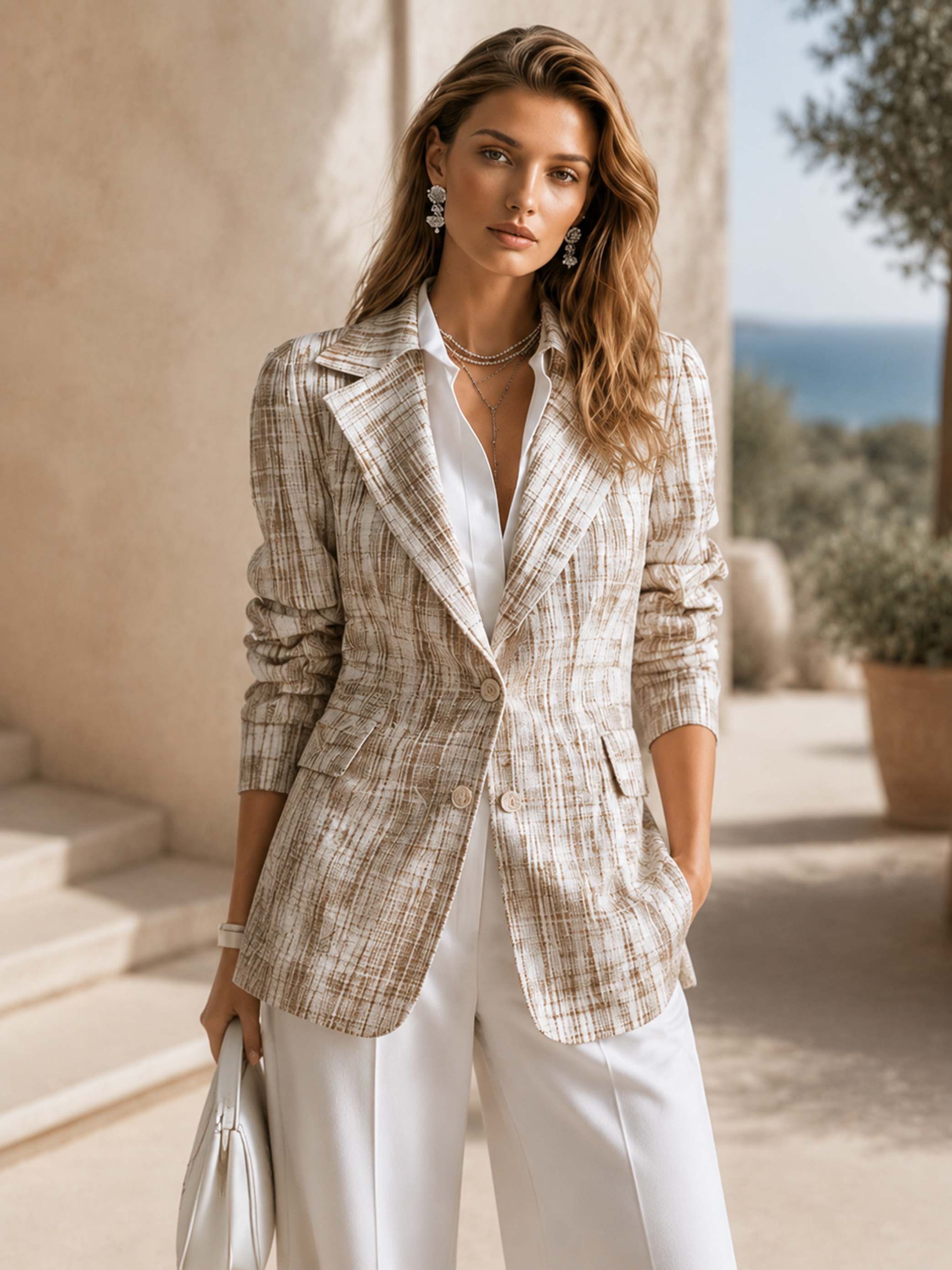 Elegant Beige Grey Textured Tailored Blazer Jacket