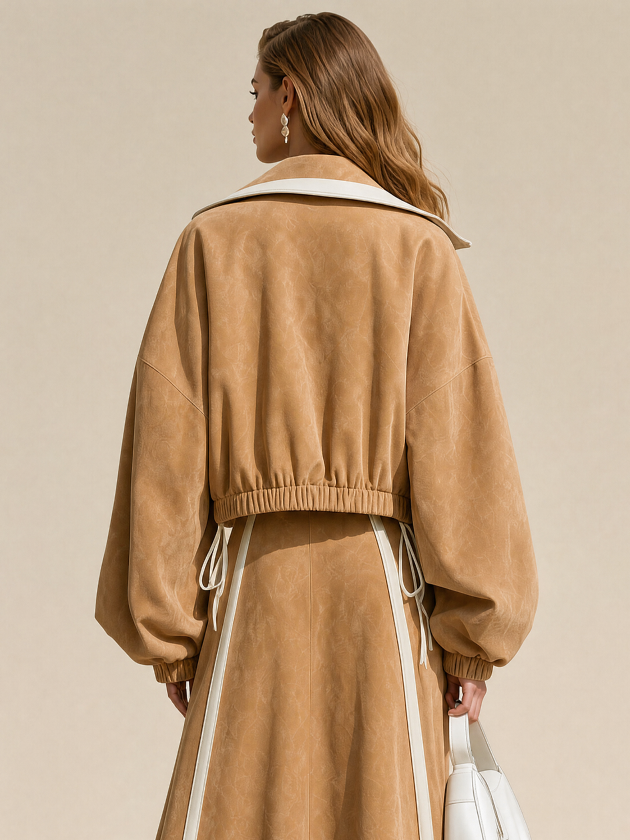 Elegant Khaki Suede Jacket With White Contrast Piping Detail
