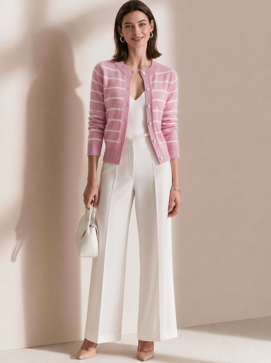 Pink And White Striped Knit Crew-neck Cardigan