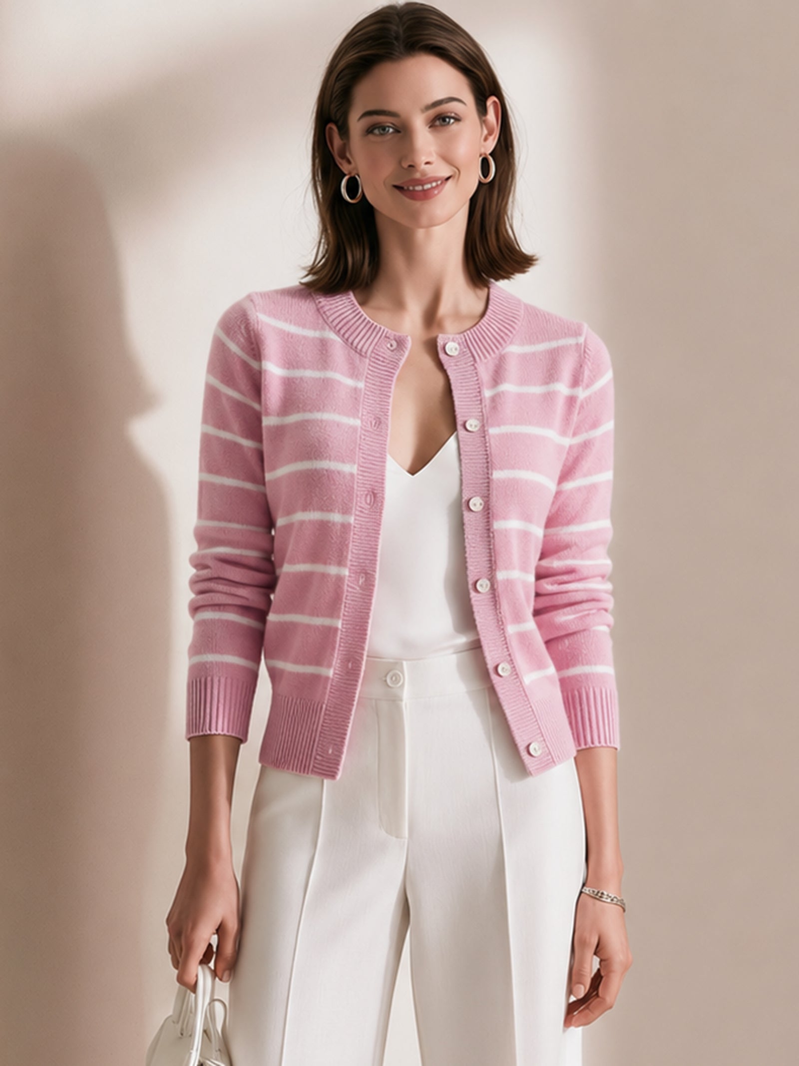 Pink And White Striped Knit Crew-neck Cardigan