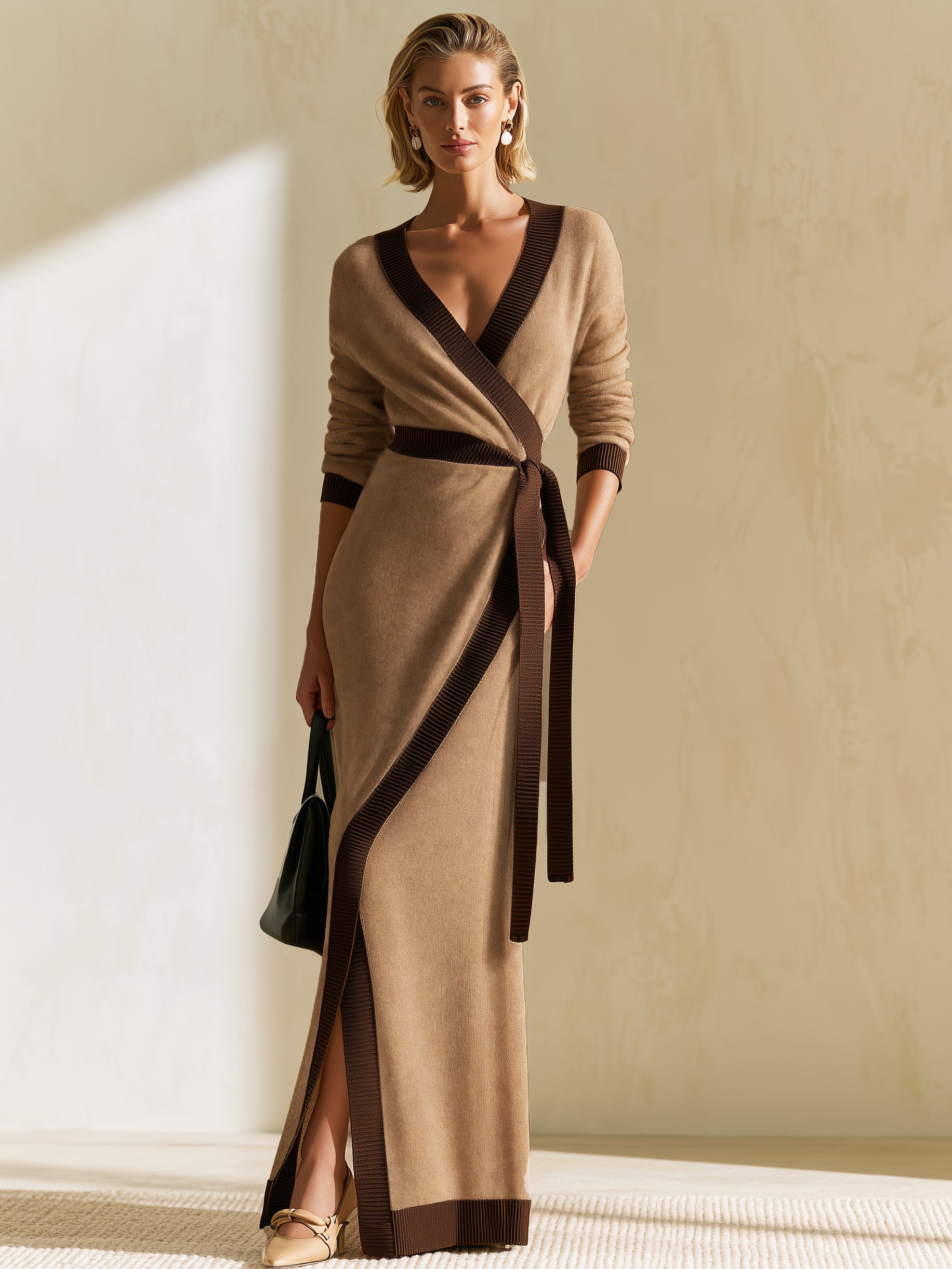 Elegant Camel Contrast Trim Brushed Knit Wrap Maxi Dress