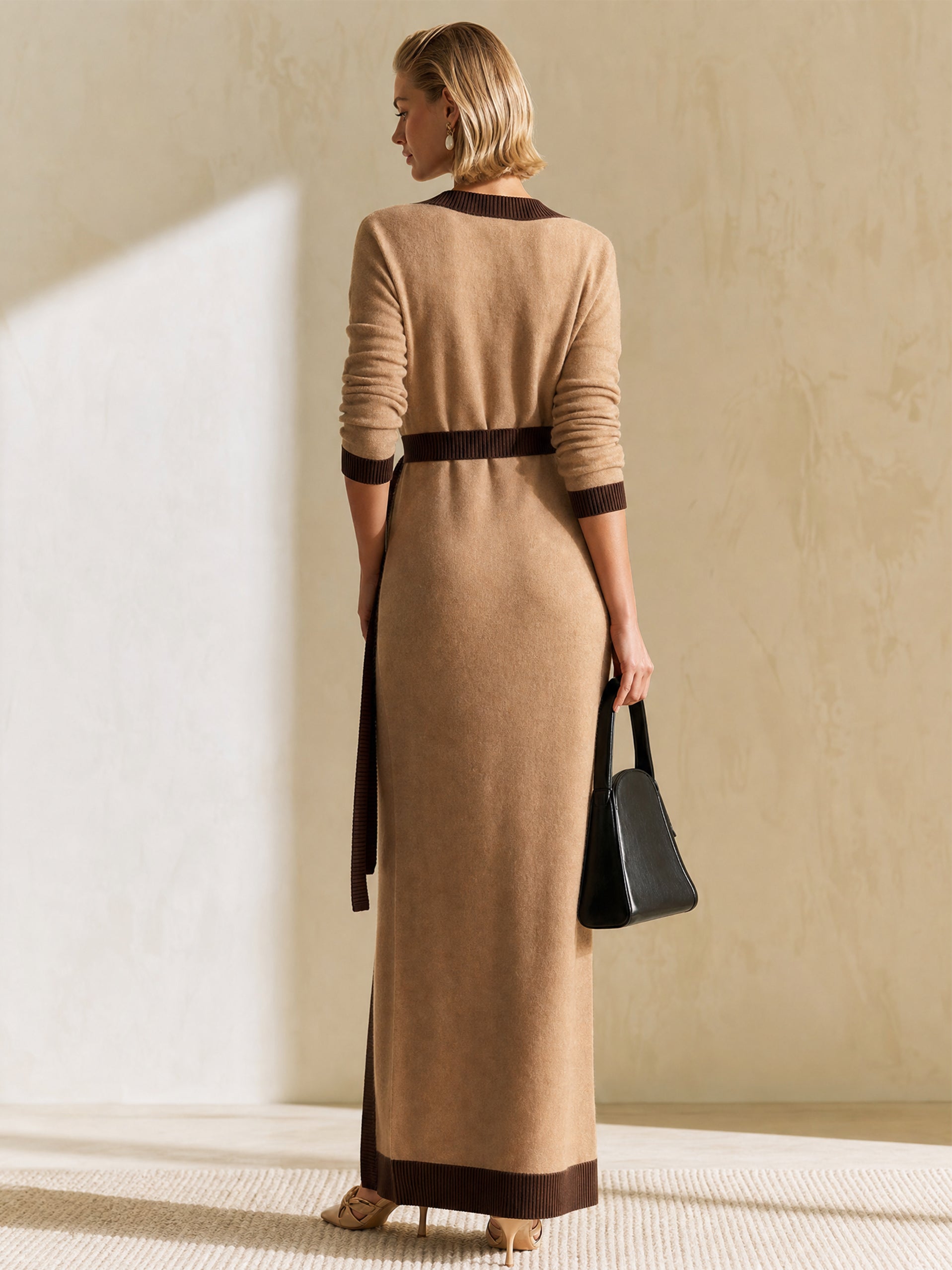 Elegant Camel Contrast Trim Brushed Knit Wrap Maxi Dress