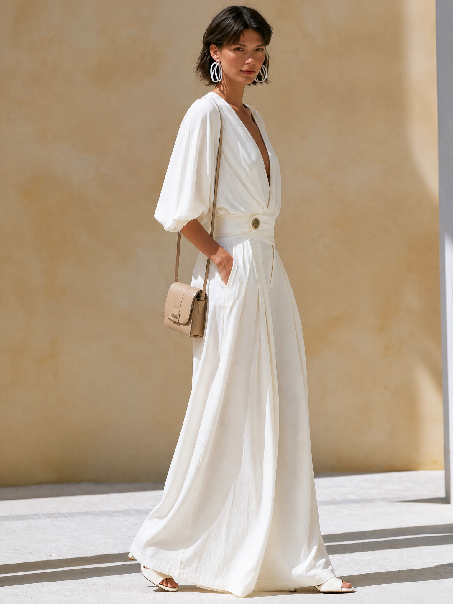 Elegant Relaxed Cream Textured V Wrap Gold Buckle 3/4 Sleeve Wide Leg Two-Piece Set