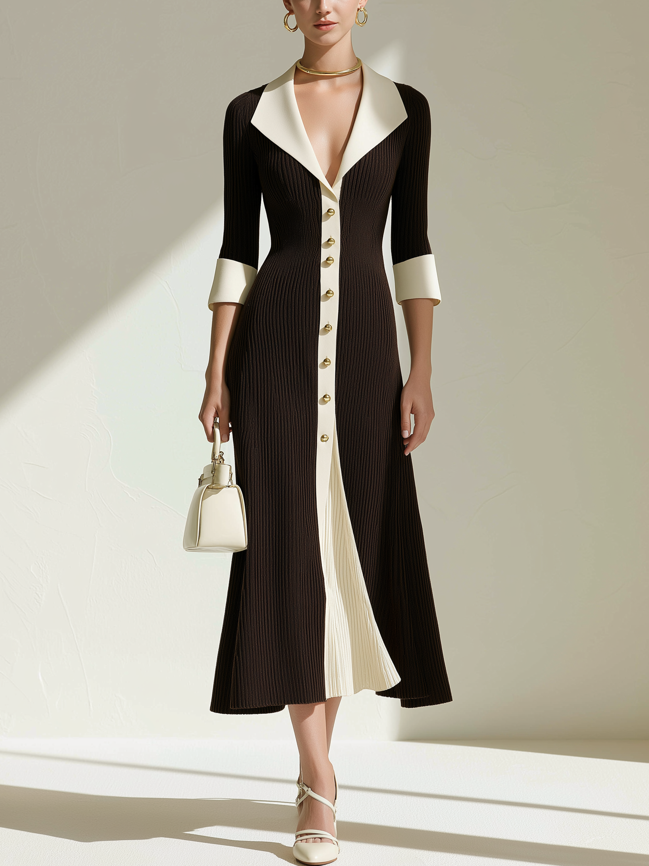 Elegant Coffee White Contrast Lapel Gold Button 3/4 Ribbed Knit Midi Dress