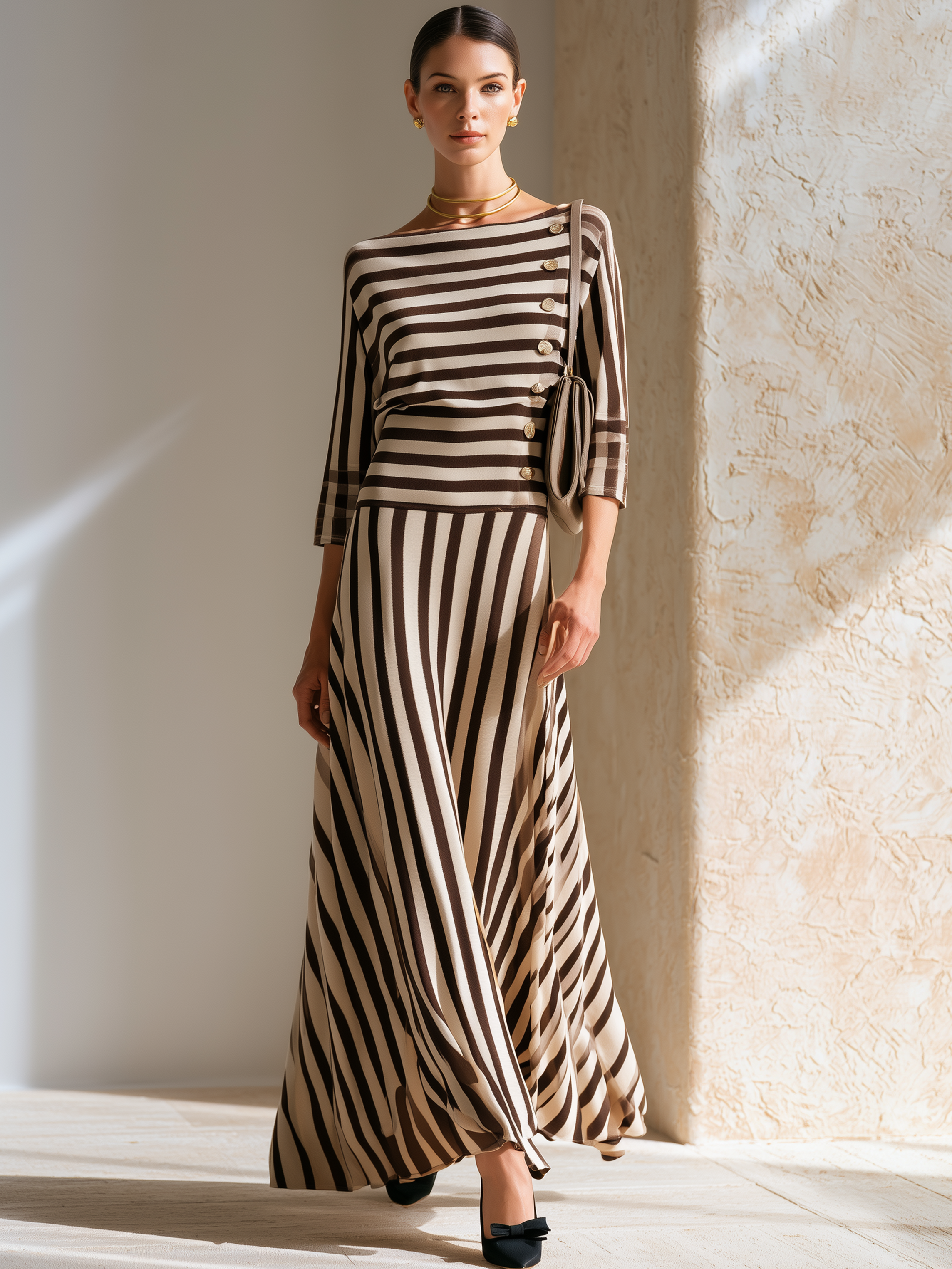 Elegant Matte Coffee Stripe Side Button Slim Floor-Length Dress