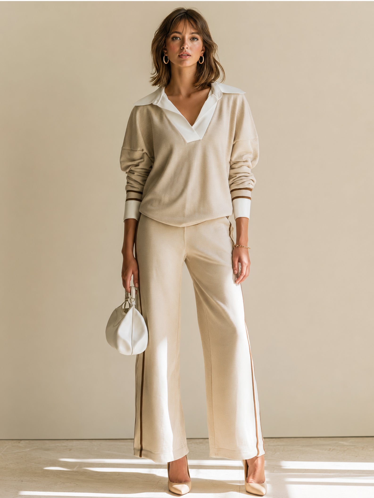Elegant White Shirt-collar Faux-layered Piped Matching Set