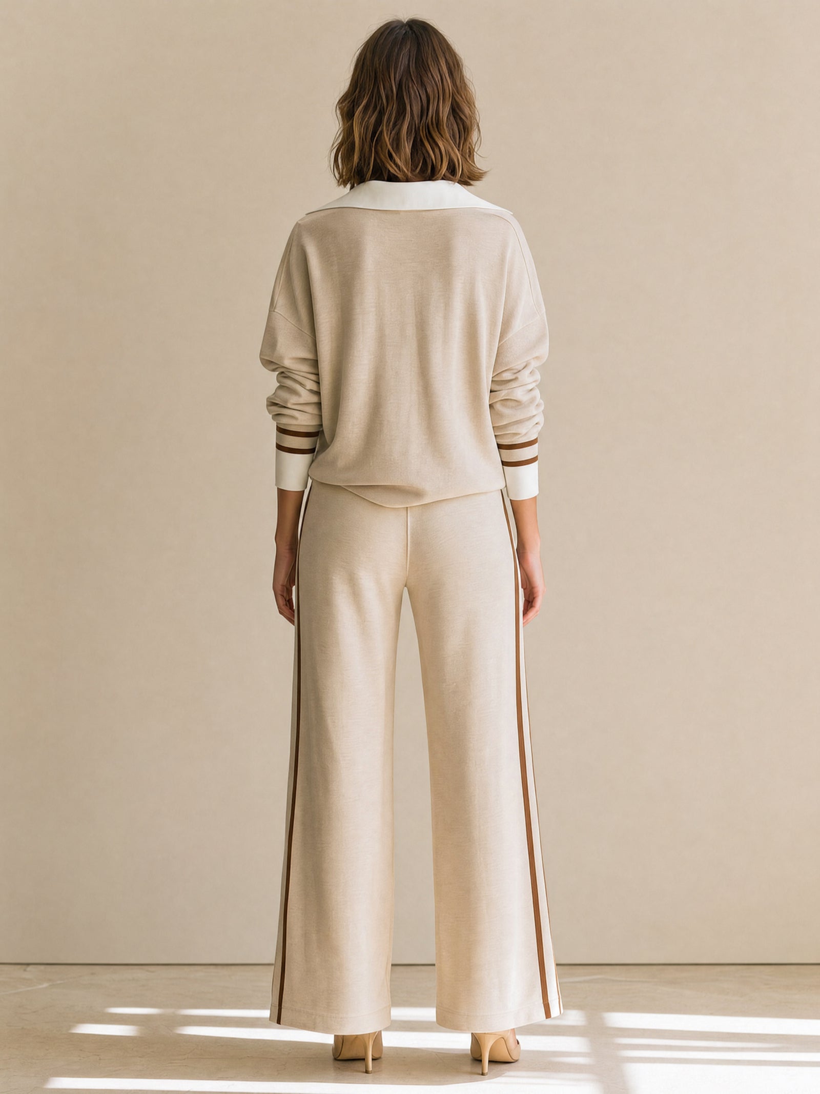 Elegant White Shirt-collar Faux-layered Piped Matching Set