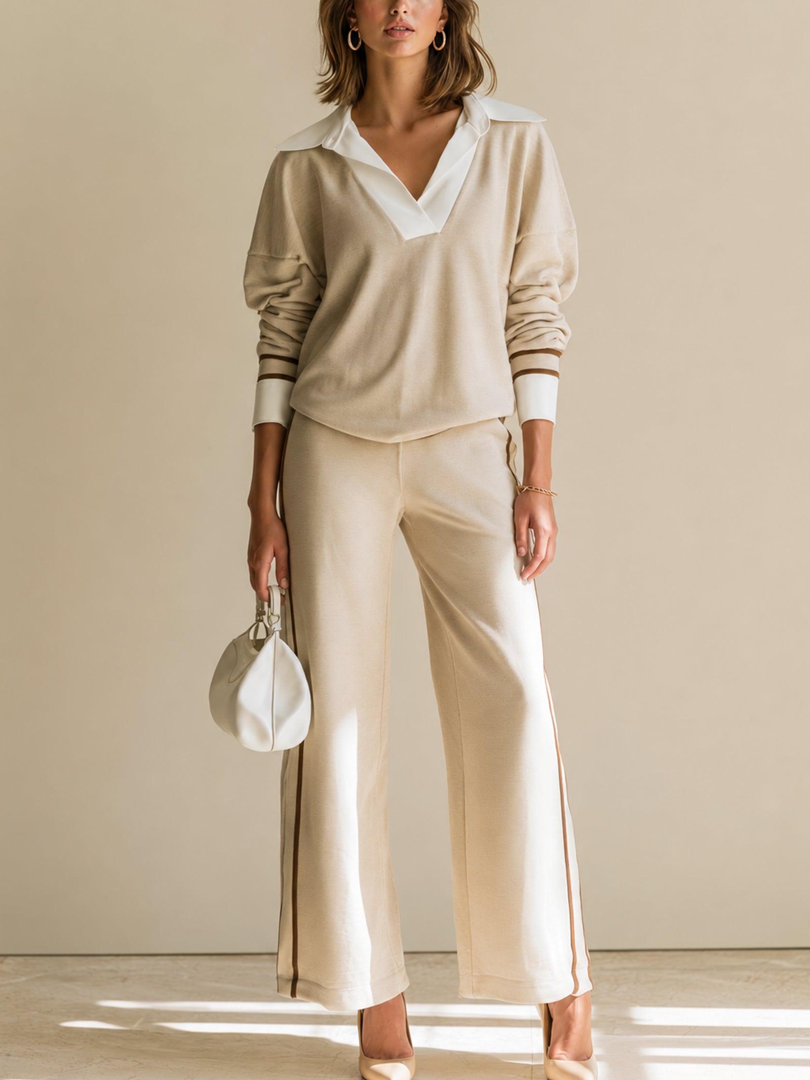 Elegant White Shirt-collar Faux-layered Piped Matching Set