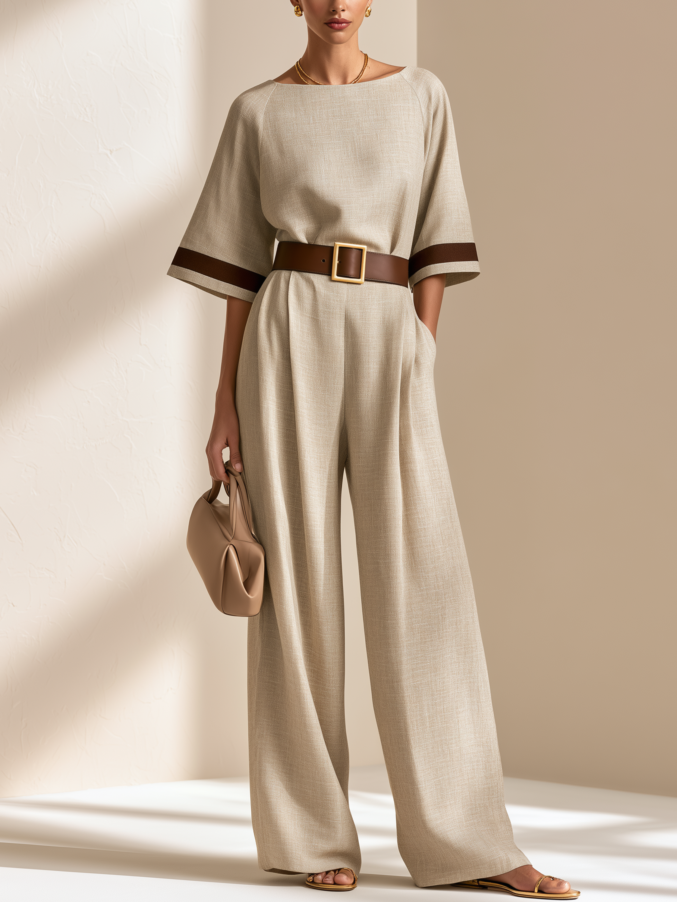 Elegant Earth Tone Textured Fabric Contrast Trim Fitted Wide Leg Jumpsuit