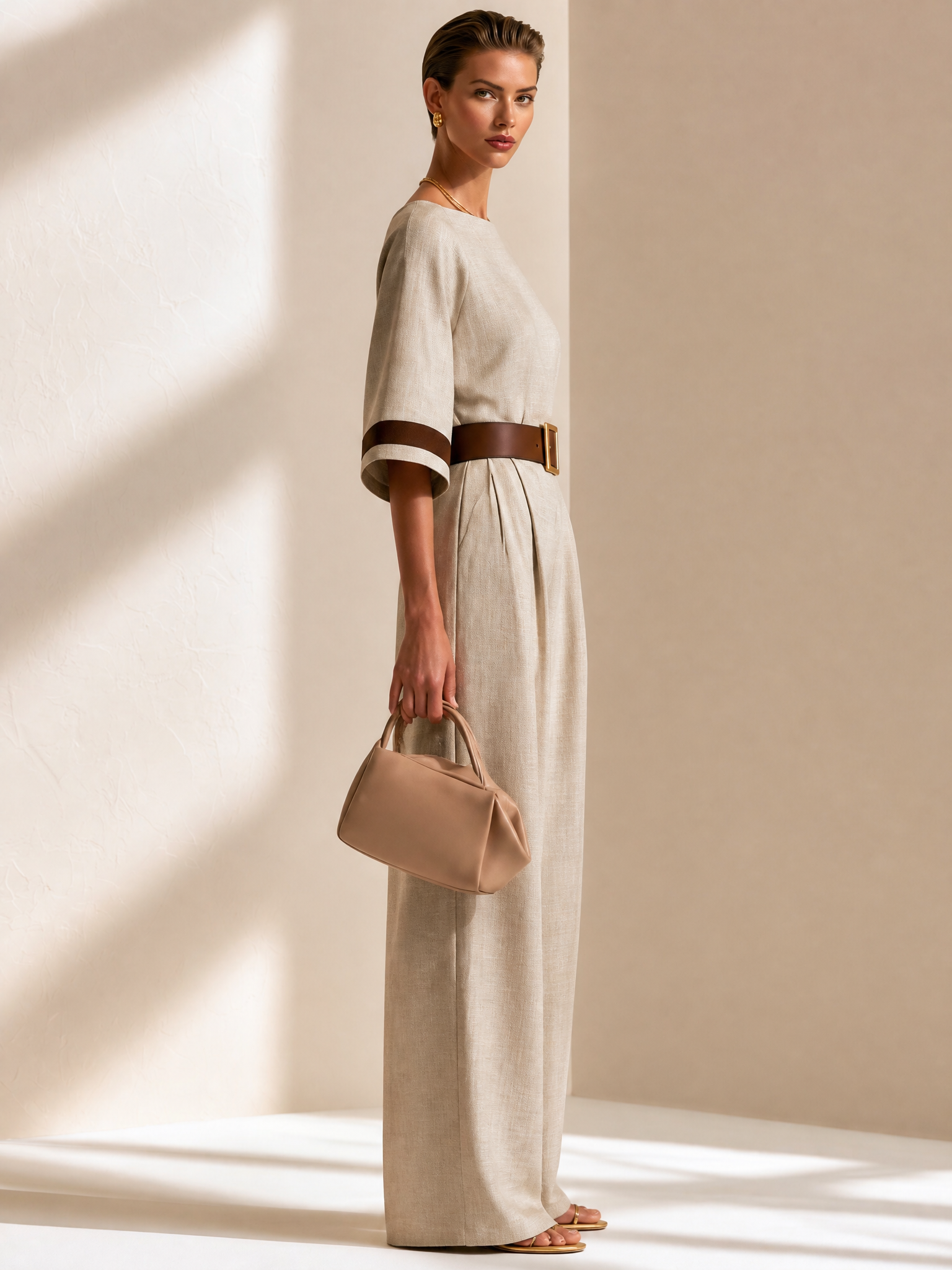 Elegant Earth Tone Textured Fabric Contrast Trim Fitted Wide Leg Jumpsuit