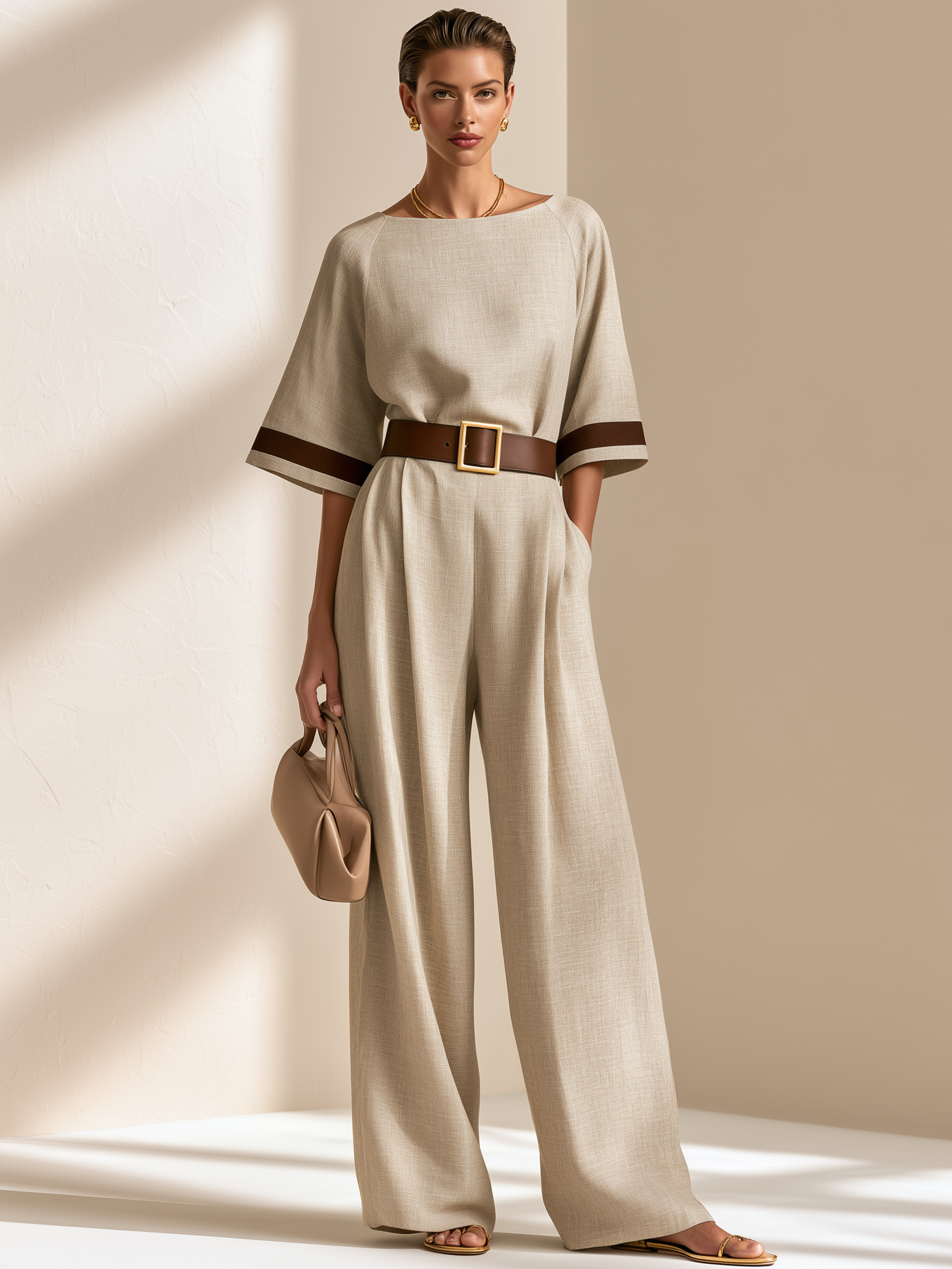 Elegant Earth Tone Textured Fabric Contrast Trim Fitted Wide Leg Jumpsuit