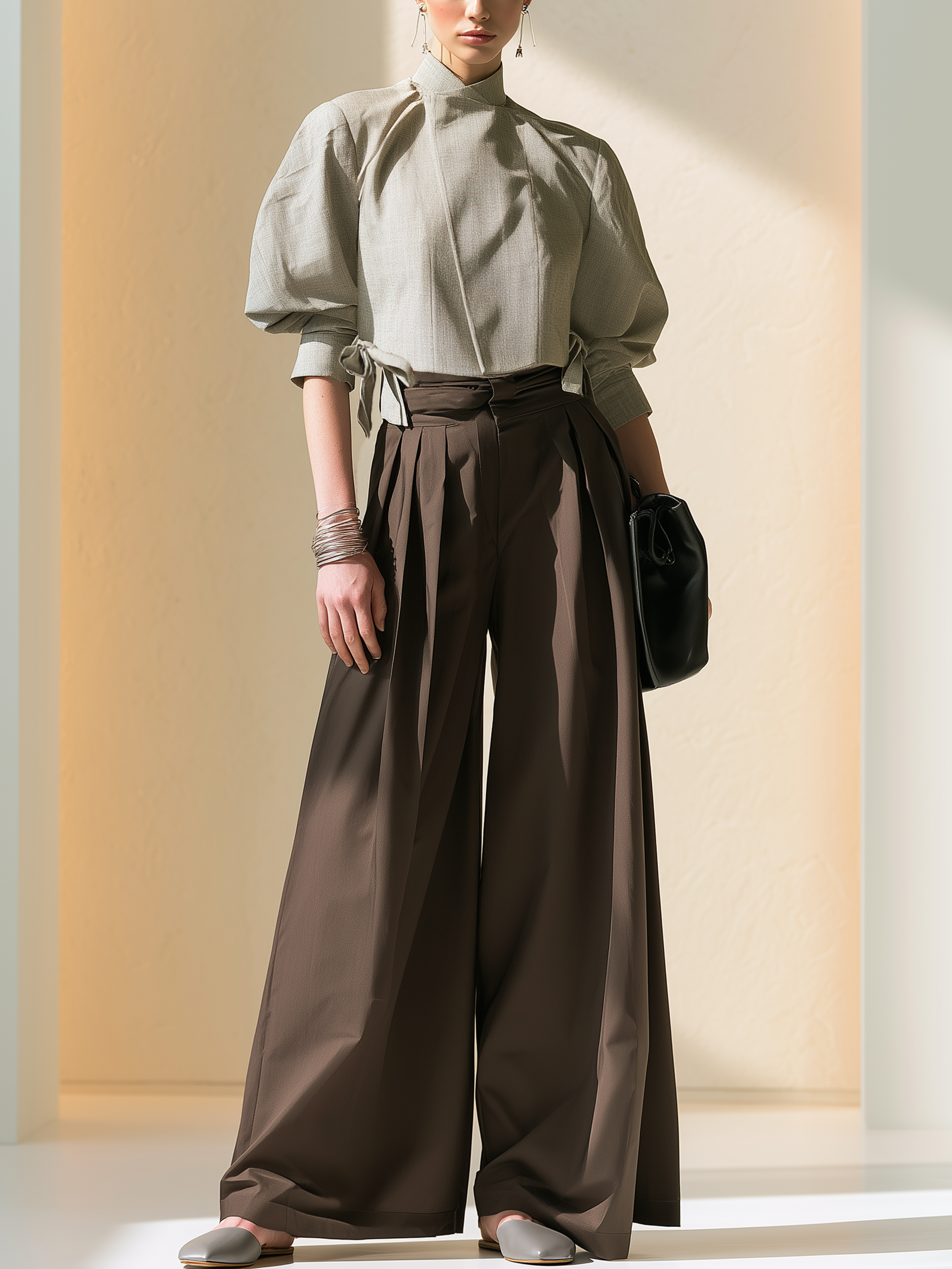 Elegant Light Grey Stand Collar Puff Sleeve Tie Crop Top Brown High Waist Pleated Wide Leg Two-Piece Set