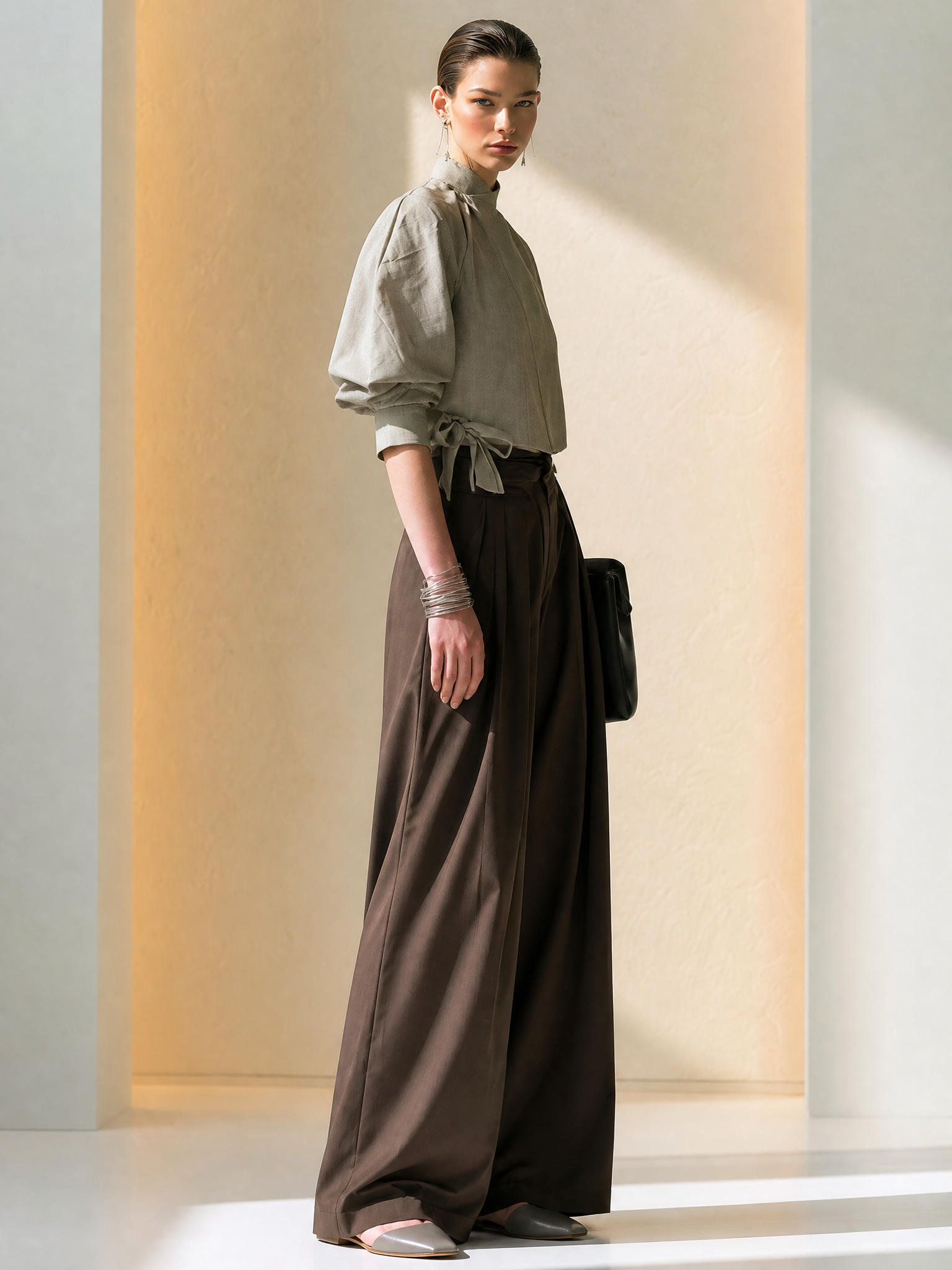 Elegant Light Grey Stand Collar Puff Sleeve Tie Crop Top Brown High Waist Pleated Wide Leg Two-Piece Set