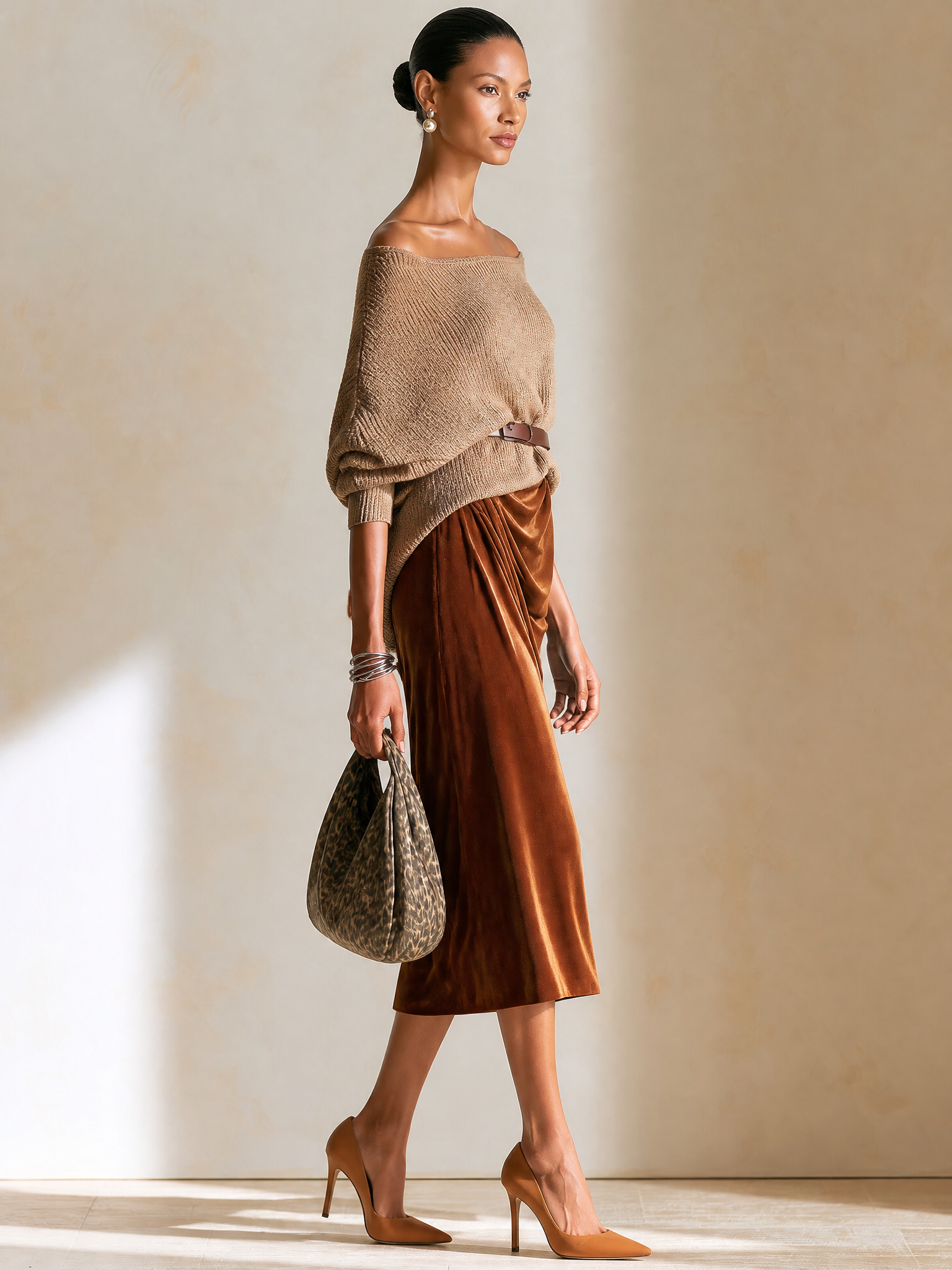 Elegant One-Shoulder Oversized Knit Waist-Cinched Caramel Velvet Skirt Suit