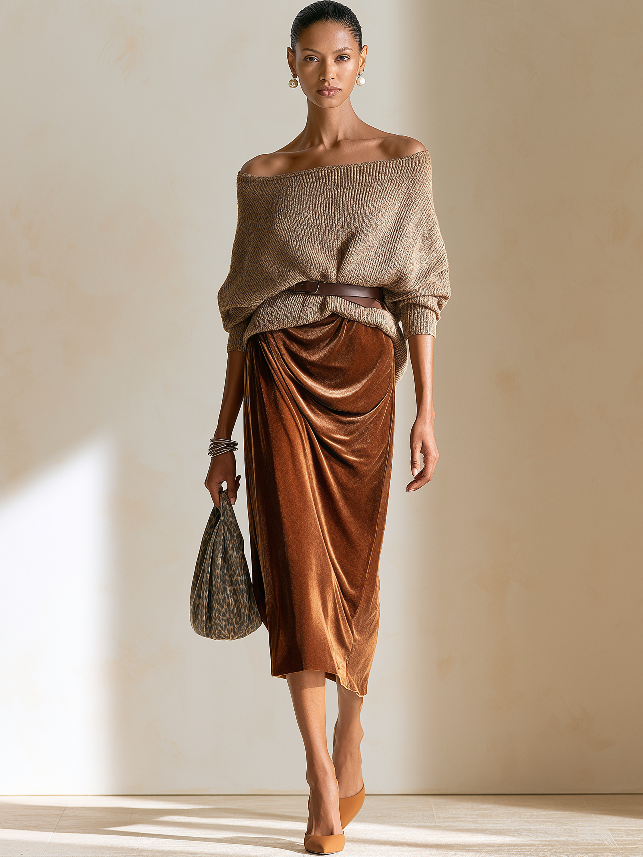 Elegant One-Shoulder Oversized Knit Waist-Cinched Caramel Velvet Skirt Suit