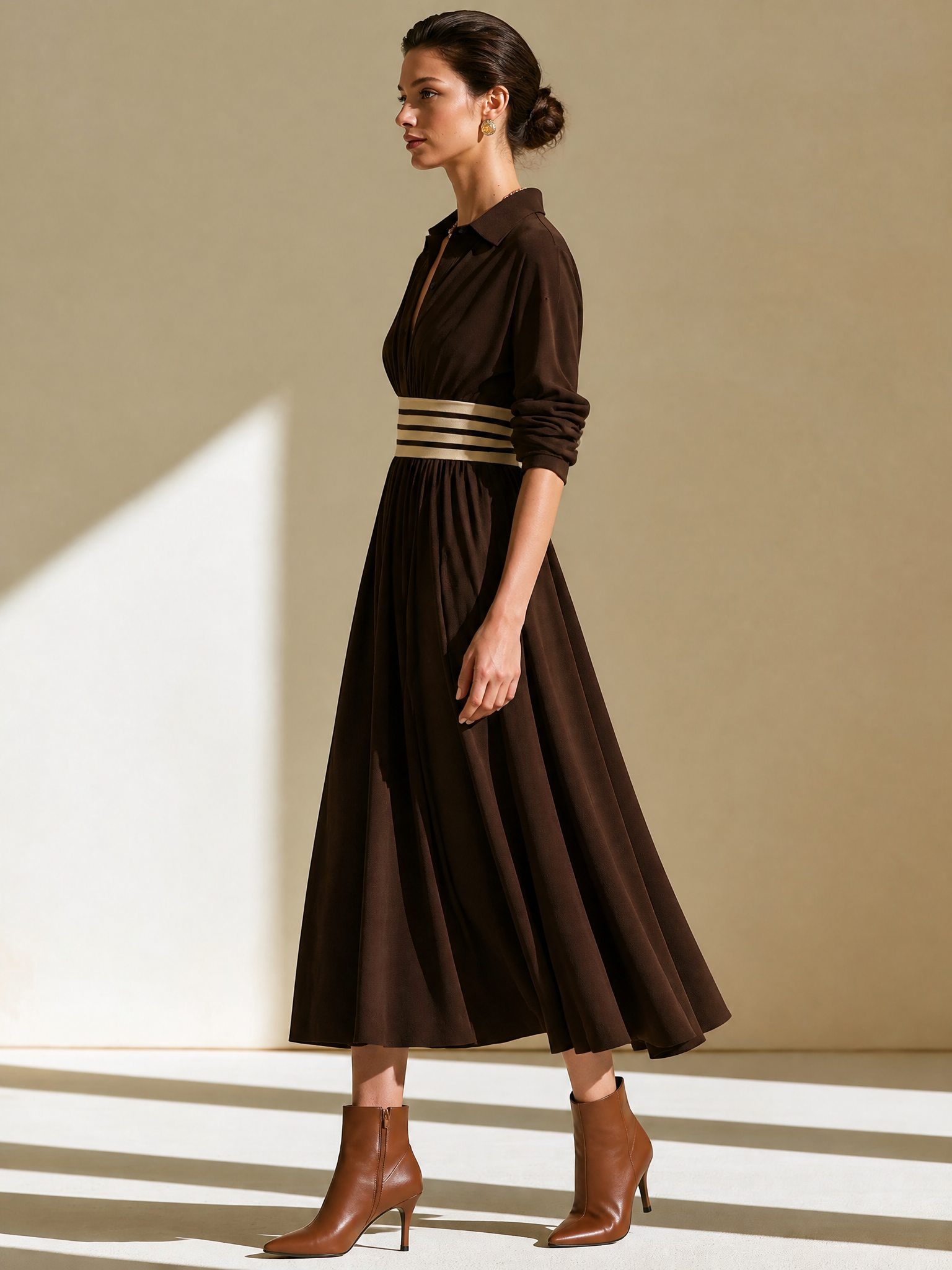 Elegant Dark Brown Shirt Collar Contrast Stripe Wide Waistband Flared Midi Dress