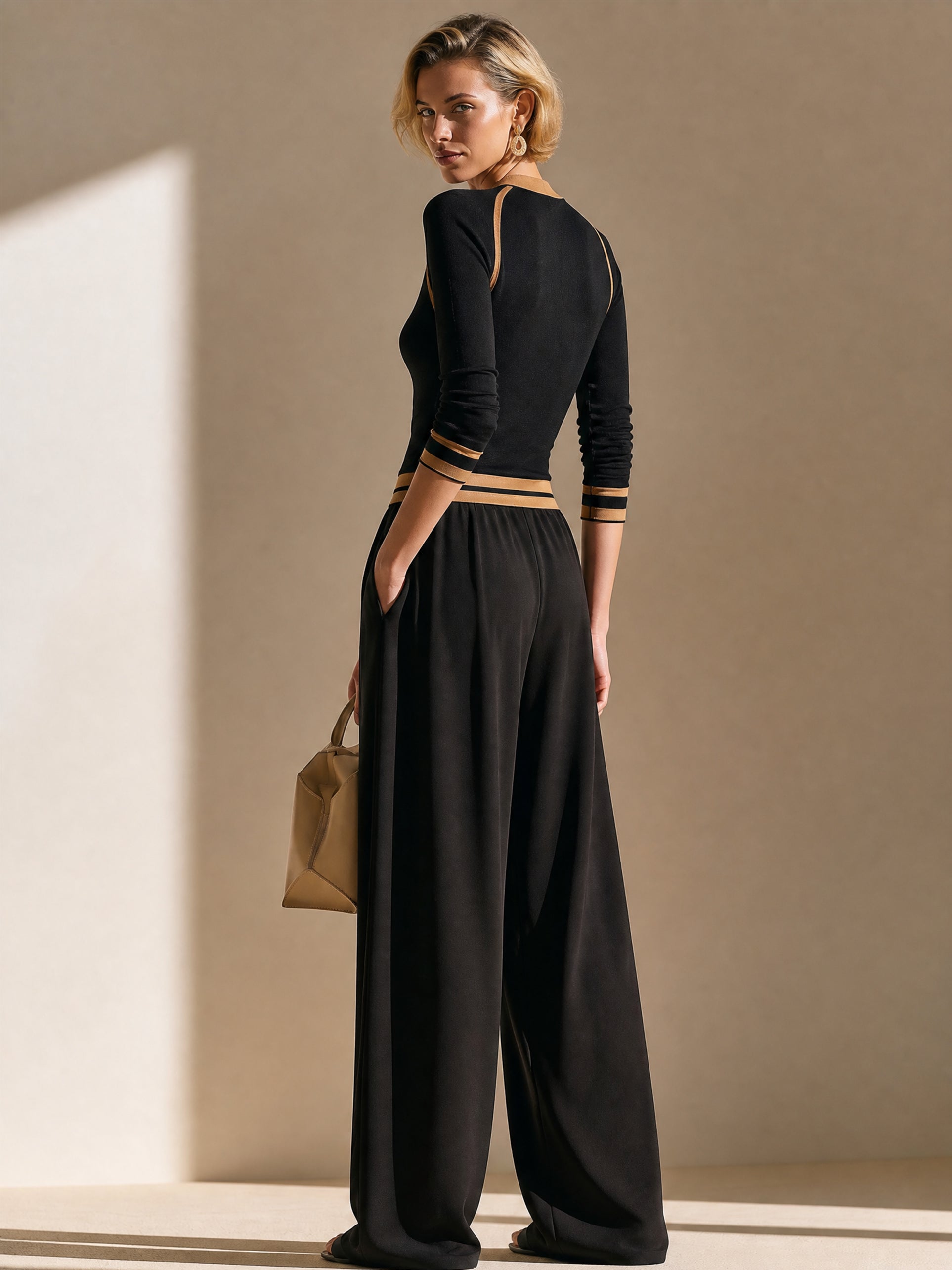 Contrast‑Trim Knit Top & Wide‑Leg Trousers Set