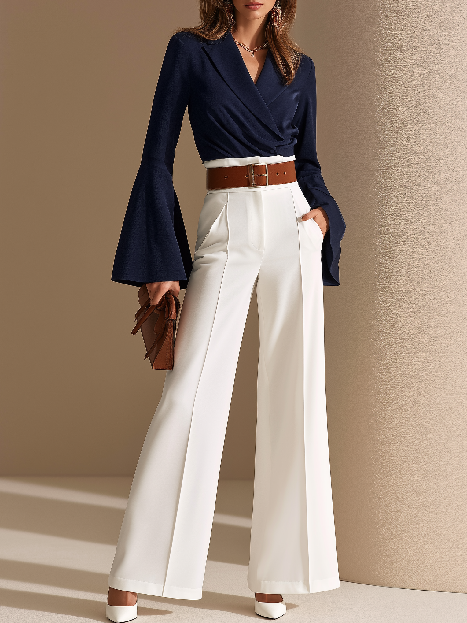 Elegant Navy Blue Flared Sleeve Blouse & White Tailored Wide Leg Pants Set