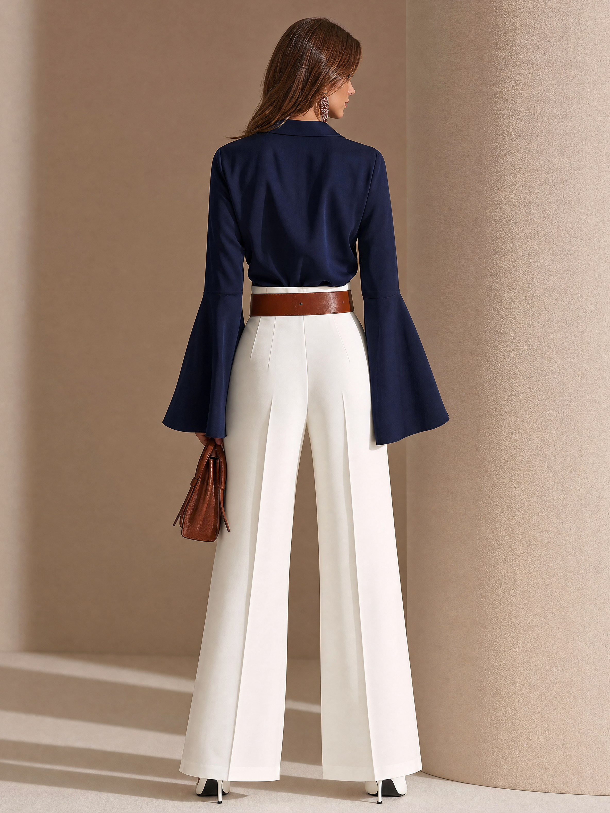 Elegant Navy Blue Flared Sleeve Blouse & White Tailored Wide Leg Pants Set