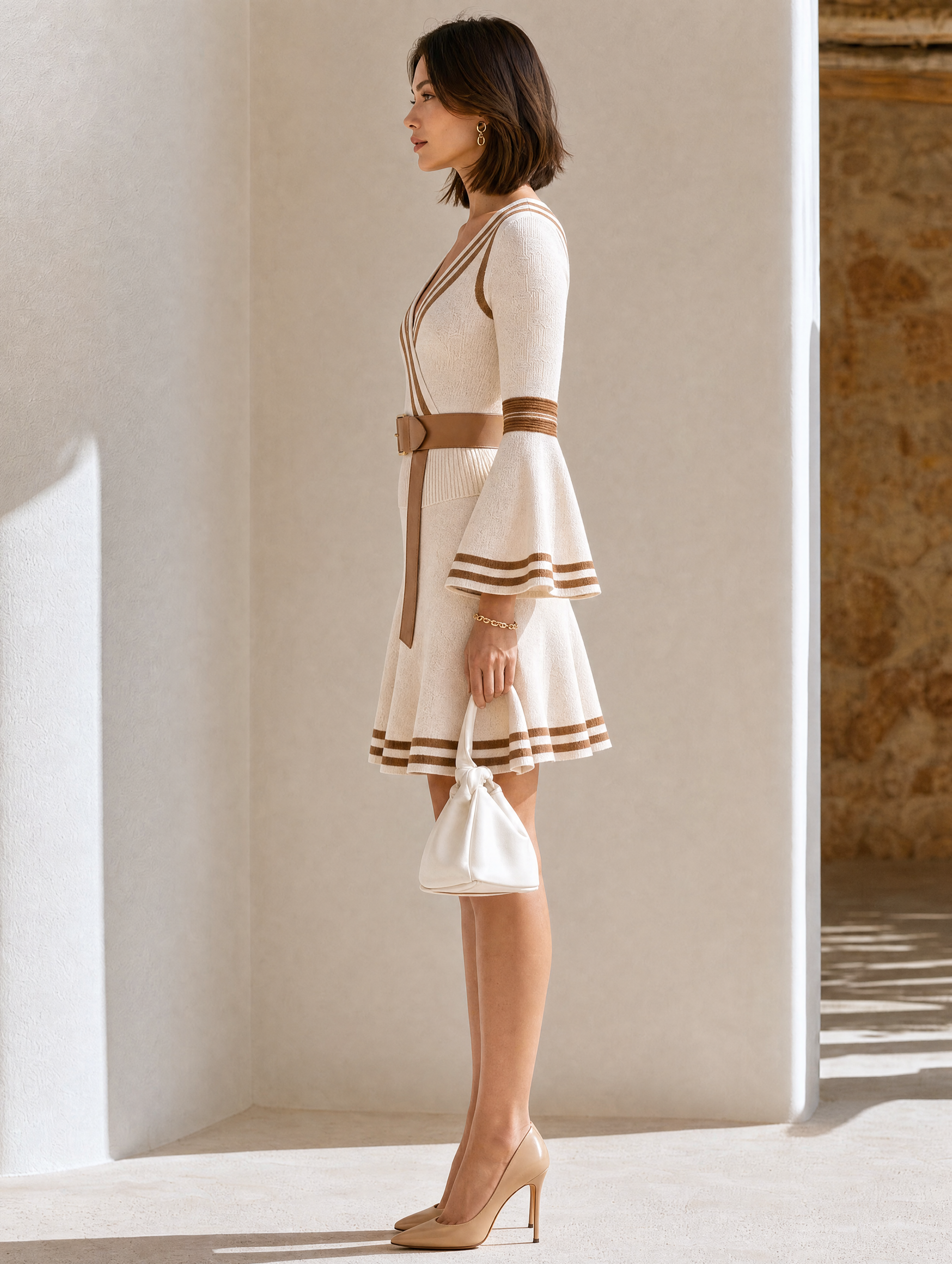 Elegant Off-white Short Dress With Flared Sleeves And Piped Trim