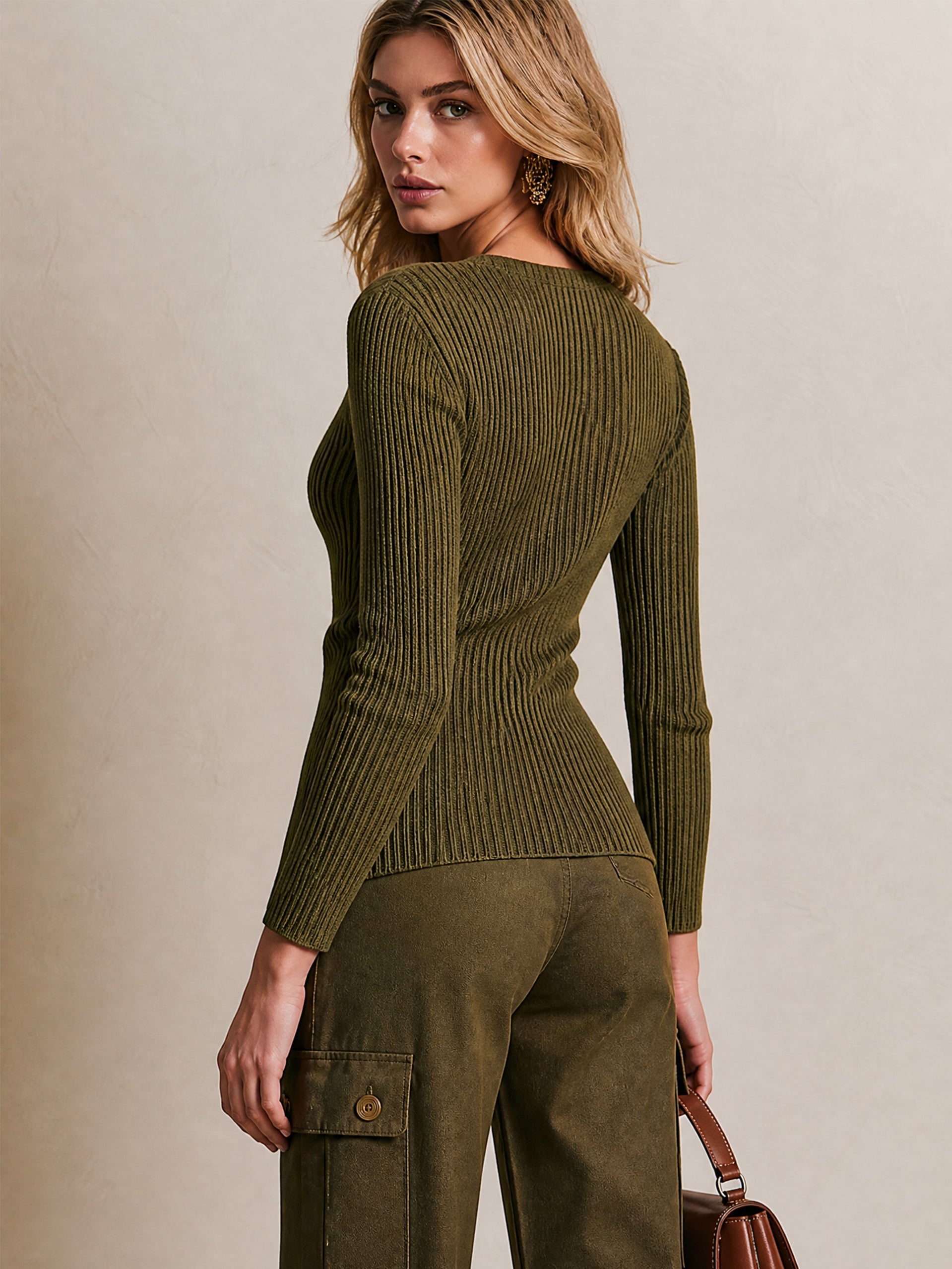 Elegant Olive Green Wrap‑Front Ribbed Knit Top