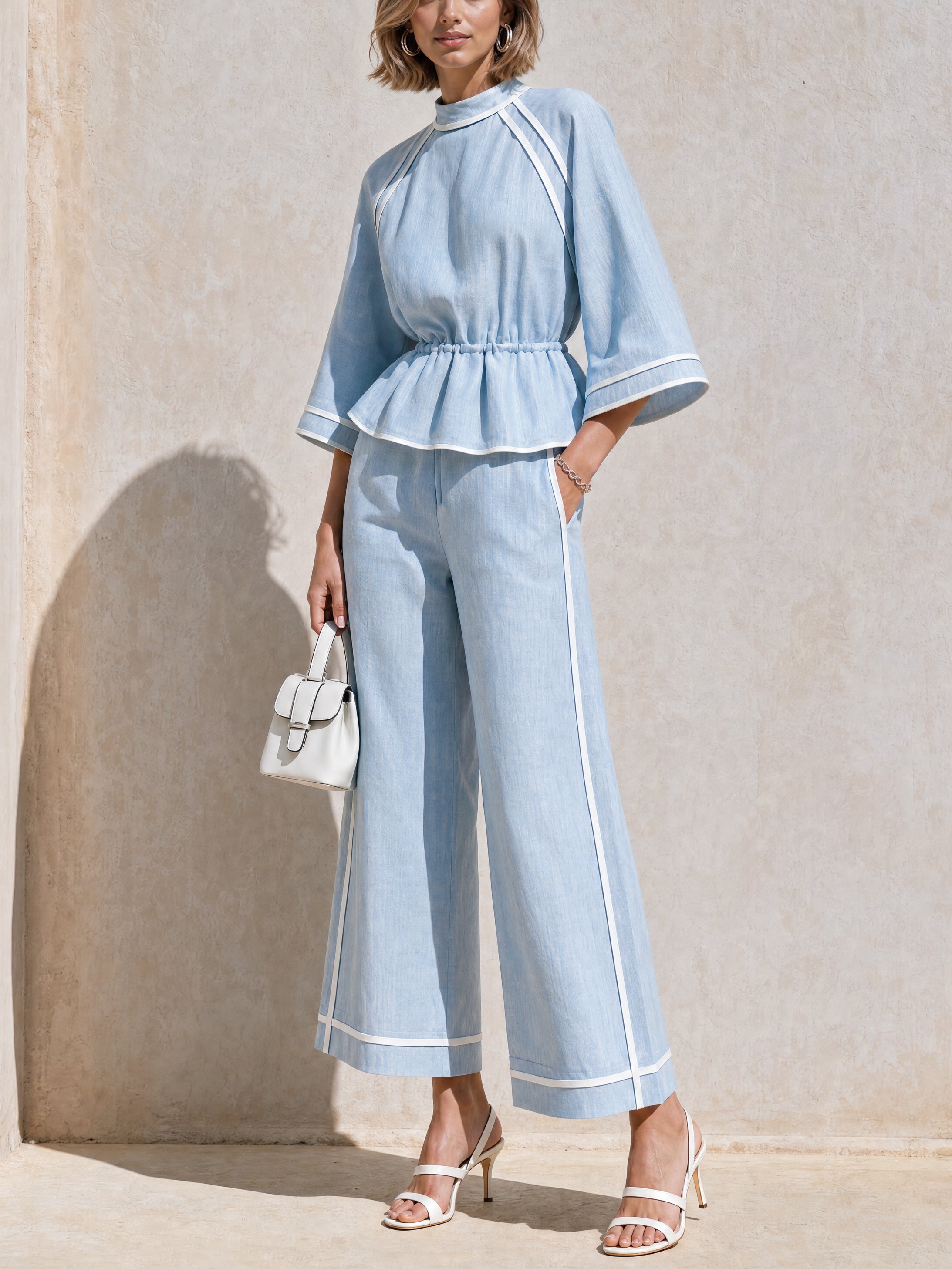 Elegant Blue Linen Set With Bell Sleeves And White Piping