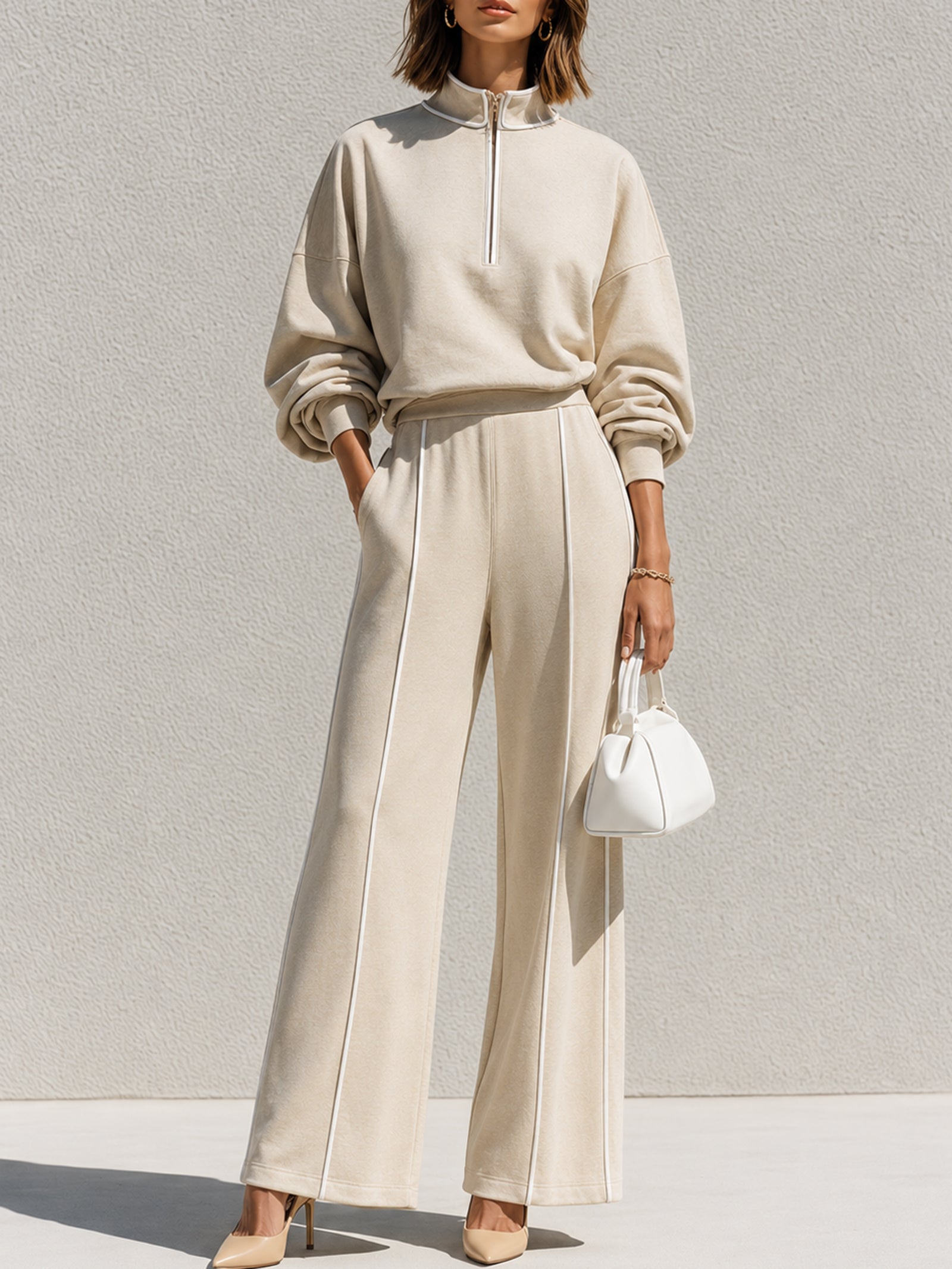 Elegant White Stand-collar Sweatshirt And Matching Set With White Piping