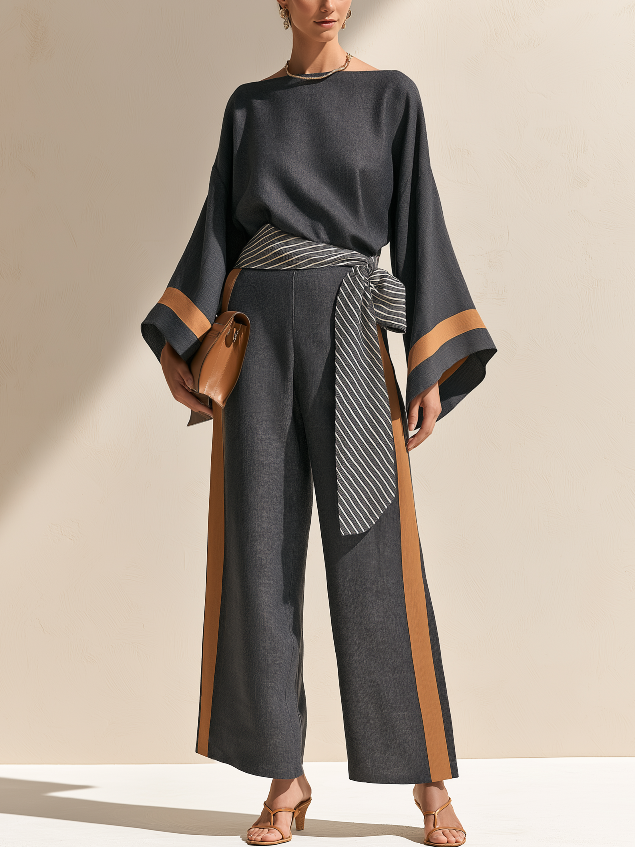 Elegant Textured Charcoal Caramel Trim Loose Top Straight Trousers