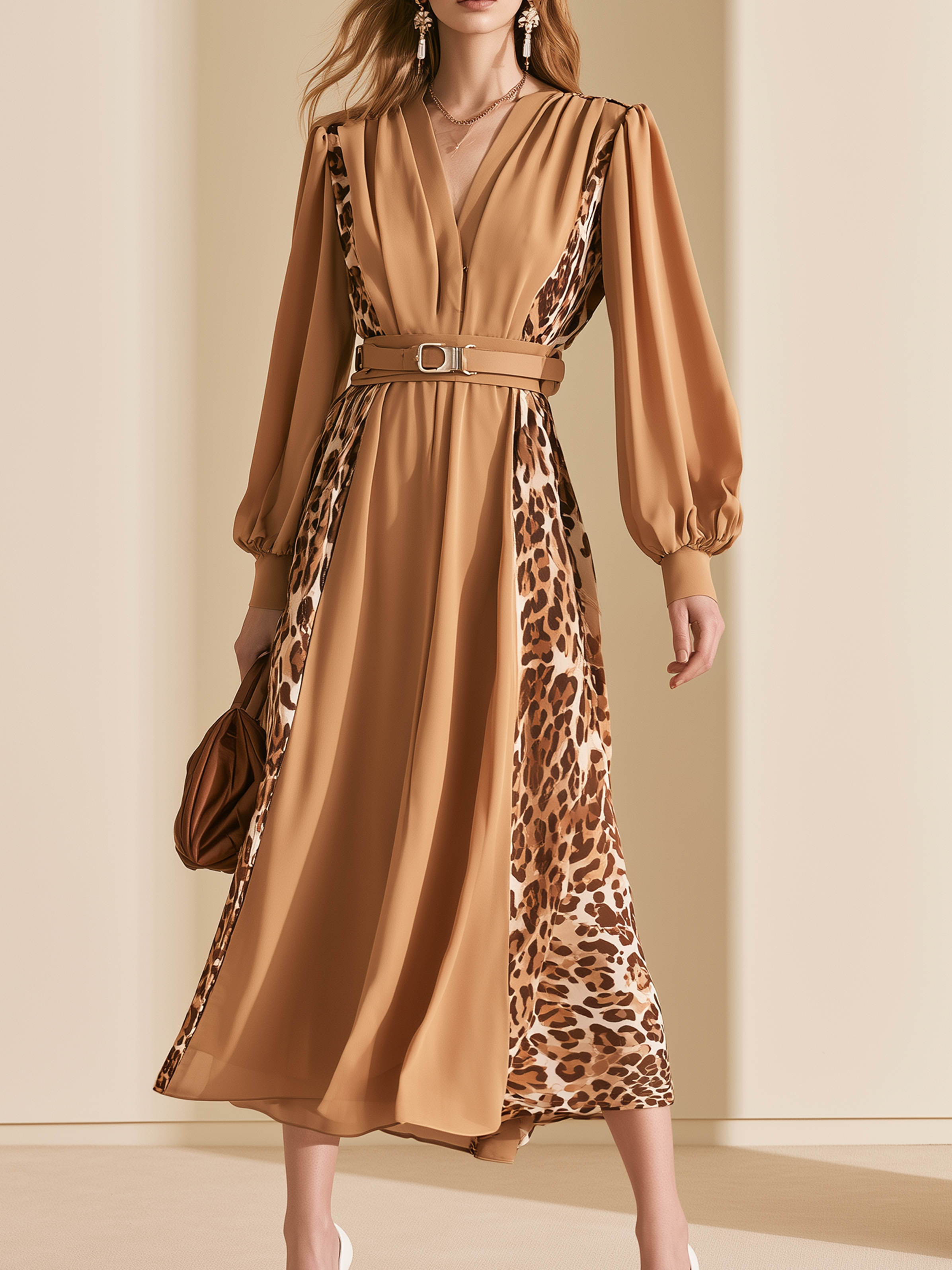 Elegant Khaki & Leopard Print Chiffon V-Neck Midi Dress