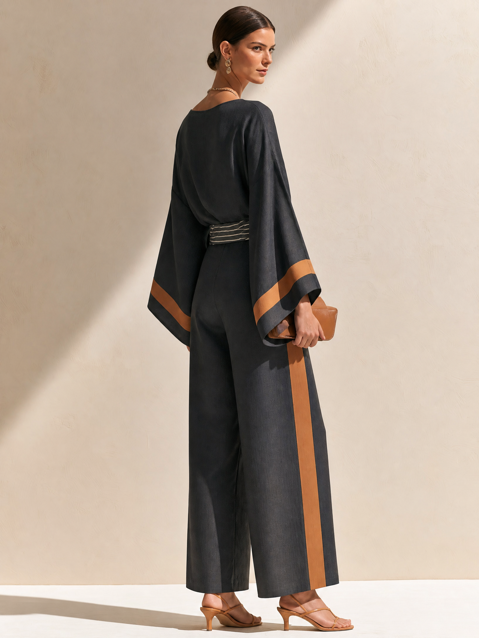Elegant Textured Charcoal Caramel Trim Loose Top Straight Trousers