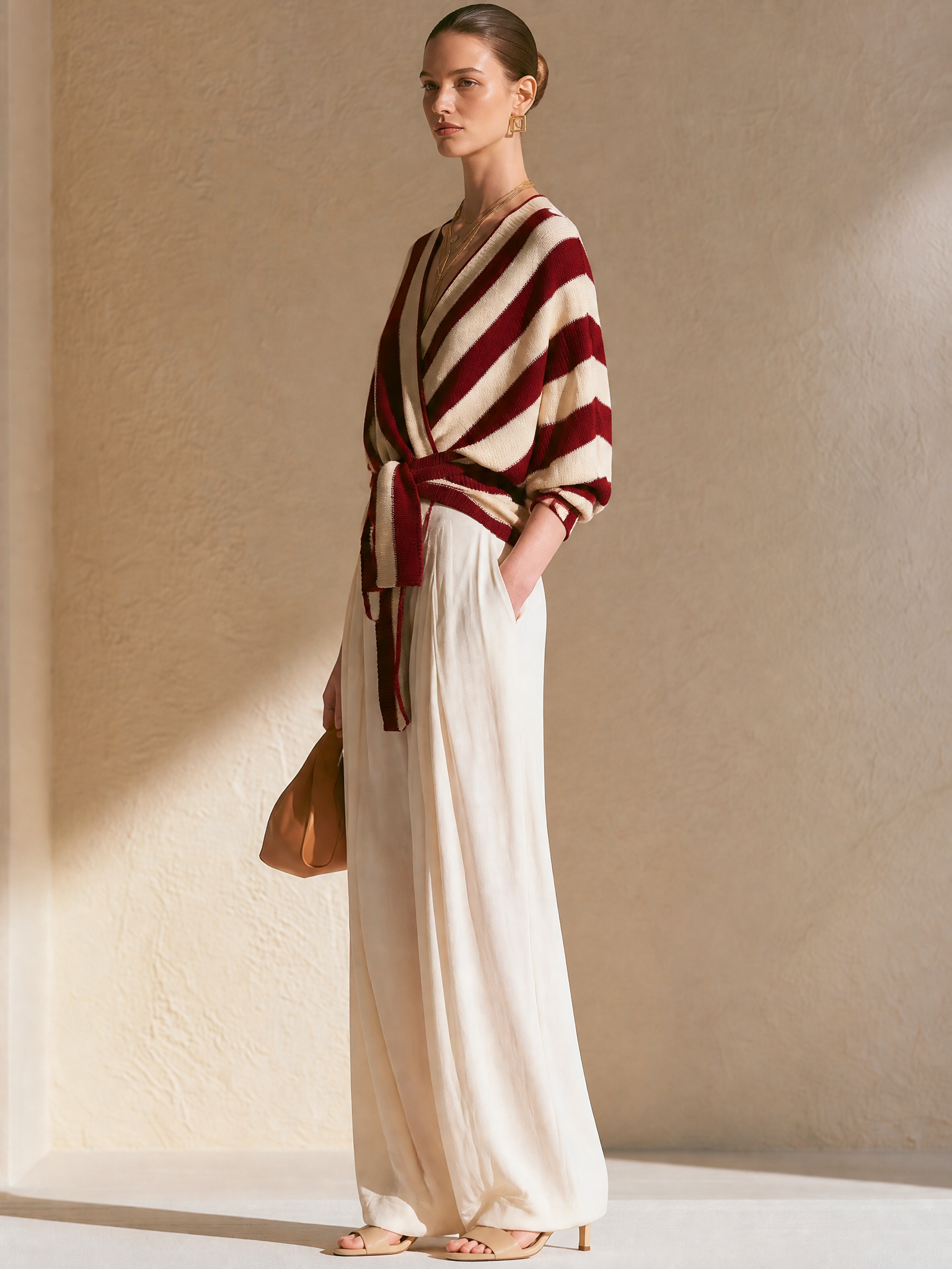 Elegant Burgundy Cream Diagonal Stripe Wrap Tie Knit Top Flowy Cream Wide Leg Two-Piece Set