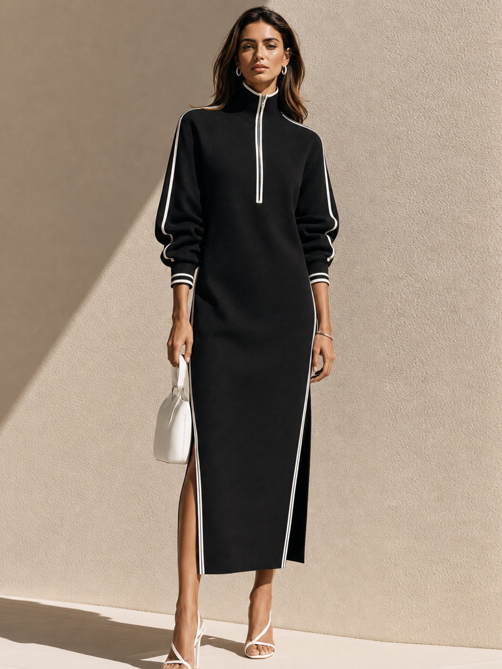 Elegant Black Straight-cut Knit Skirt With White Piping Contrast Detail