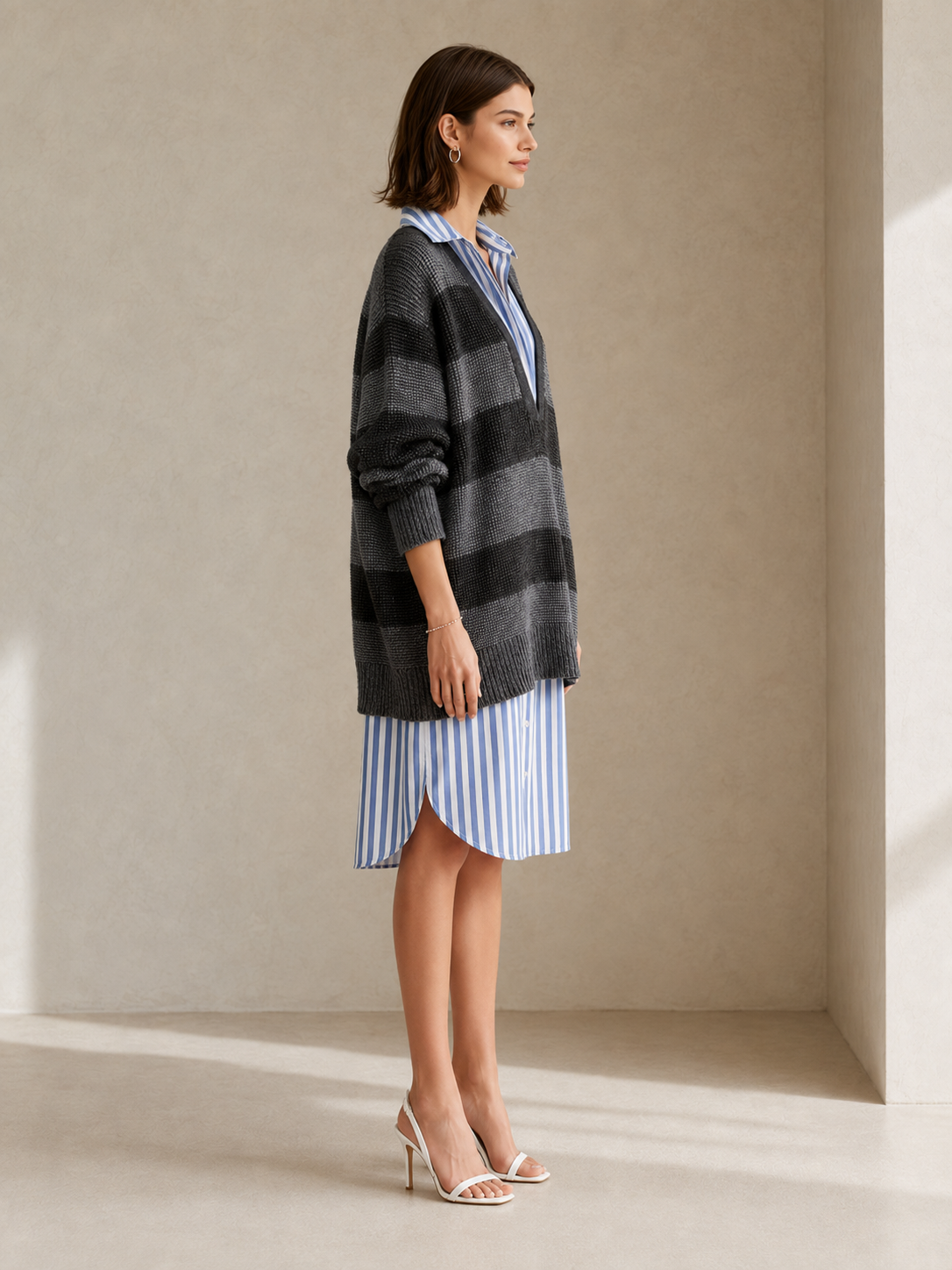Elegant Black And Grey Striped Faux Two-piece Sweater-and-shirt Dress