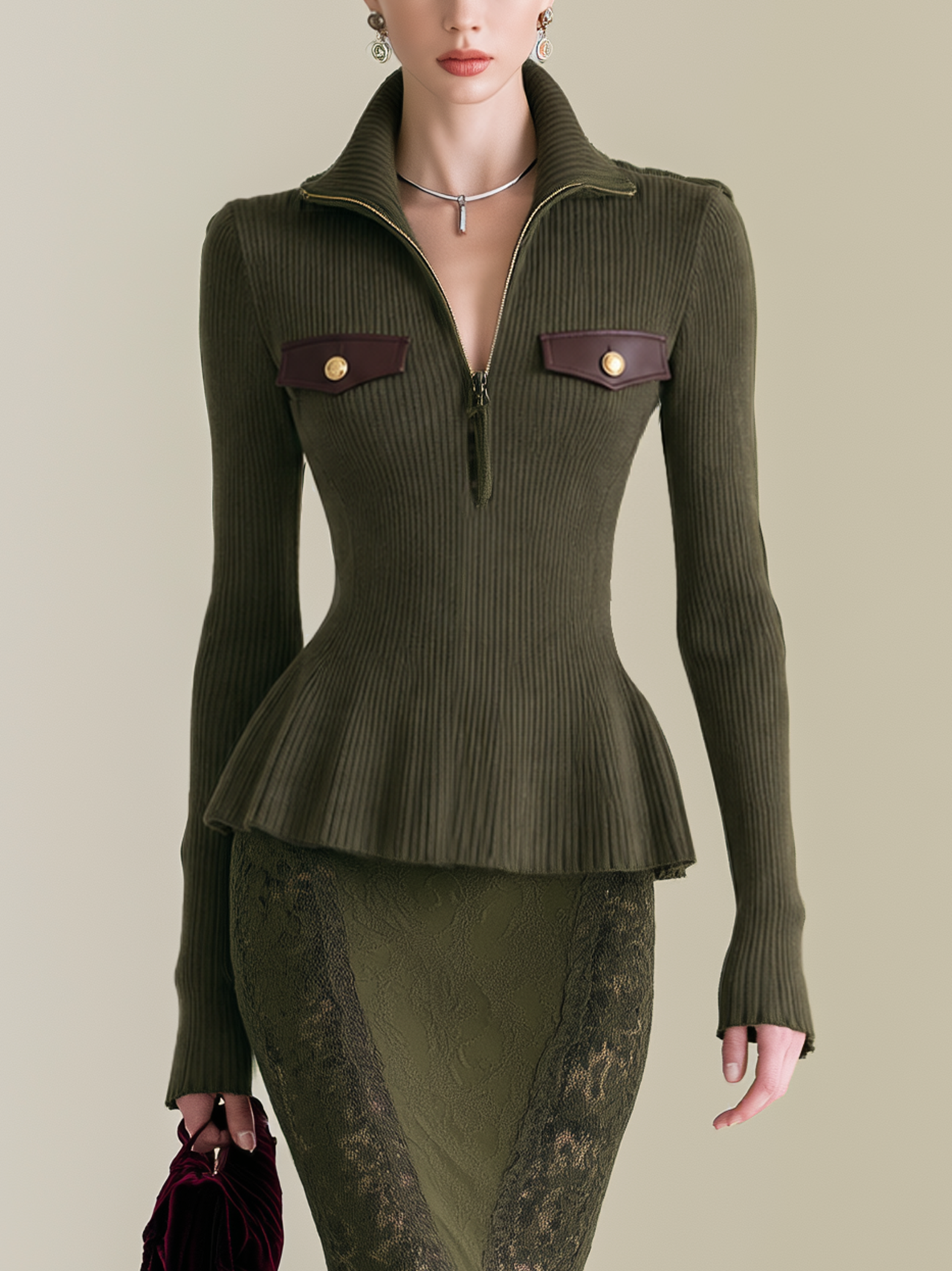 Dark Olive Green Stand Collar Zip Waist‑Fit Pullover Sweater