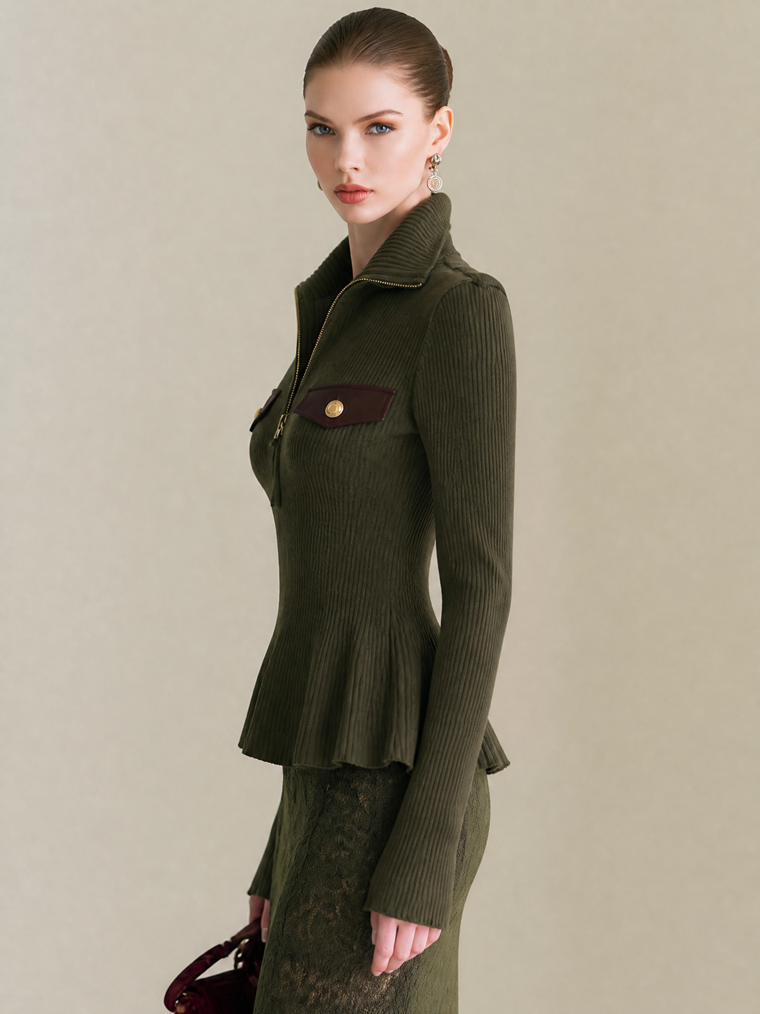 Dark Olive Green Stand Collar Zip Waist‑Fit Pullover Sweater