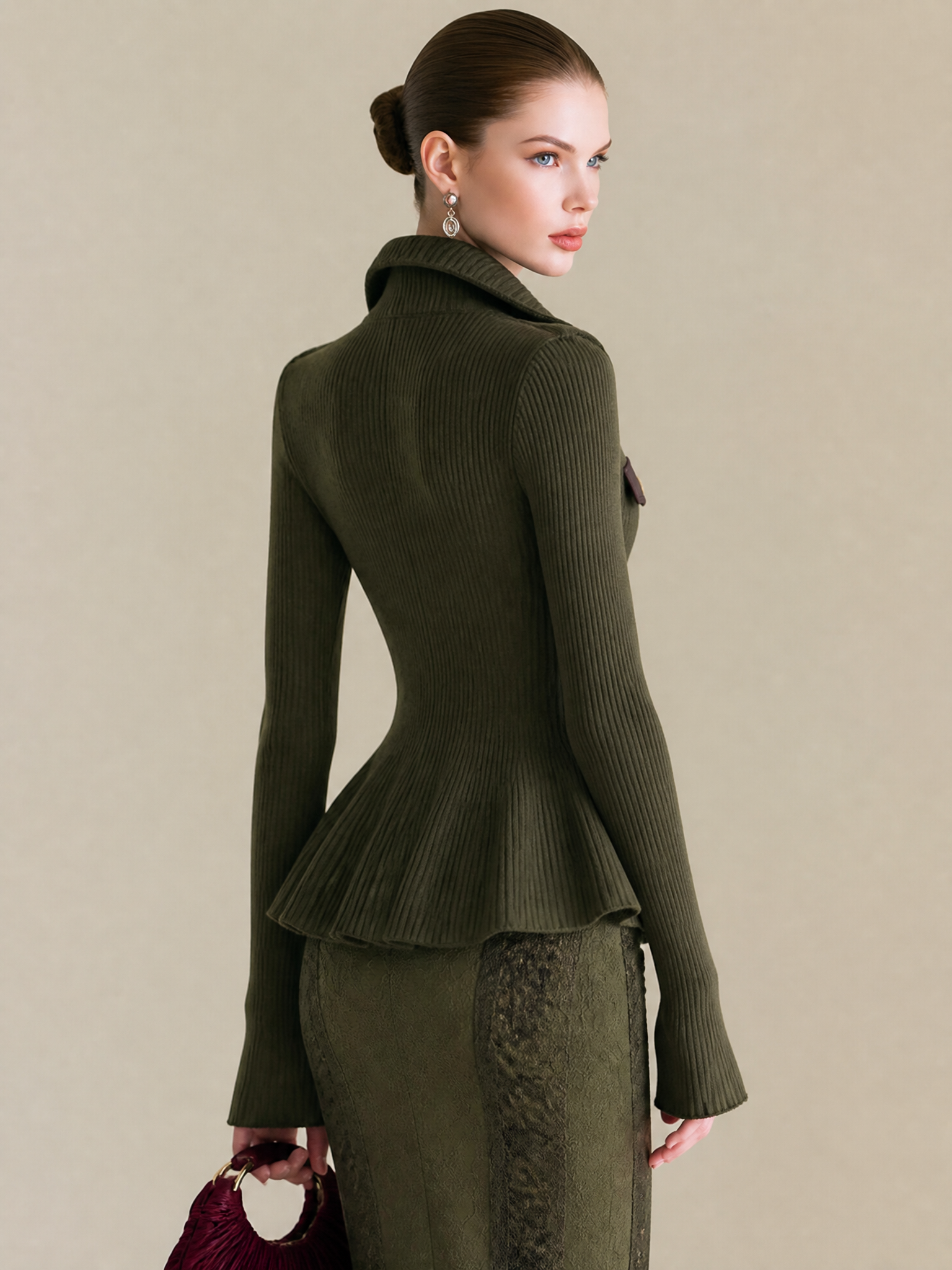 Dark Olive Green Stand Collar Zip Waist‑Fit Pullover Sweater