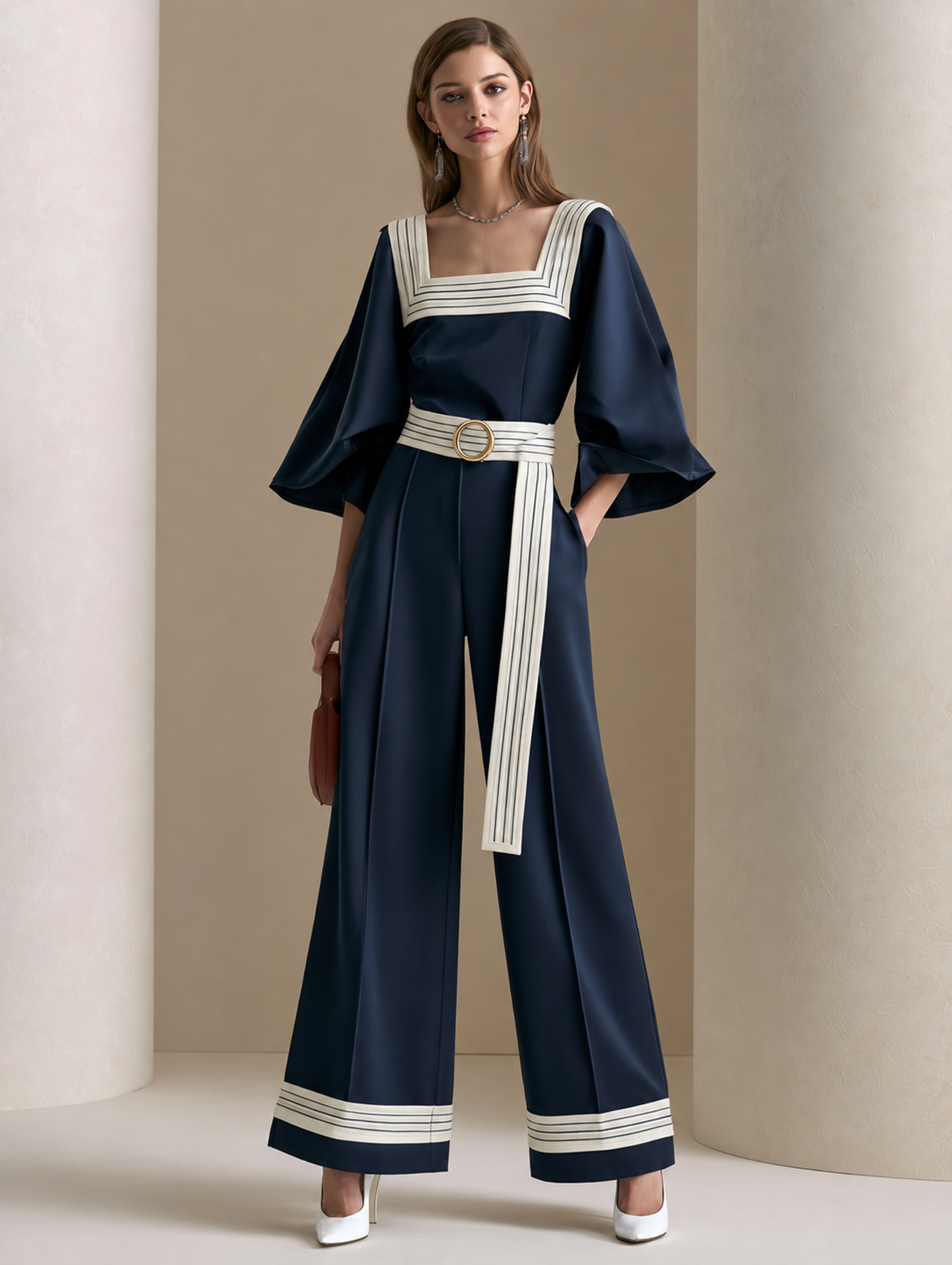 Elegant Navy & Ivory Contrast Square-Neck Wide-Leg Jumpsuit