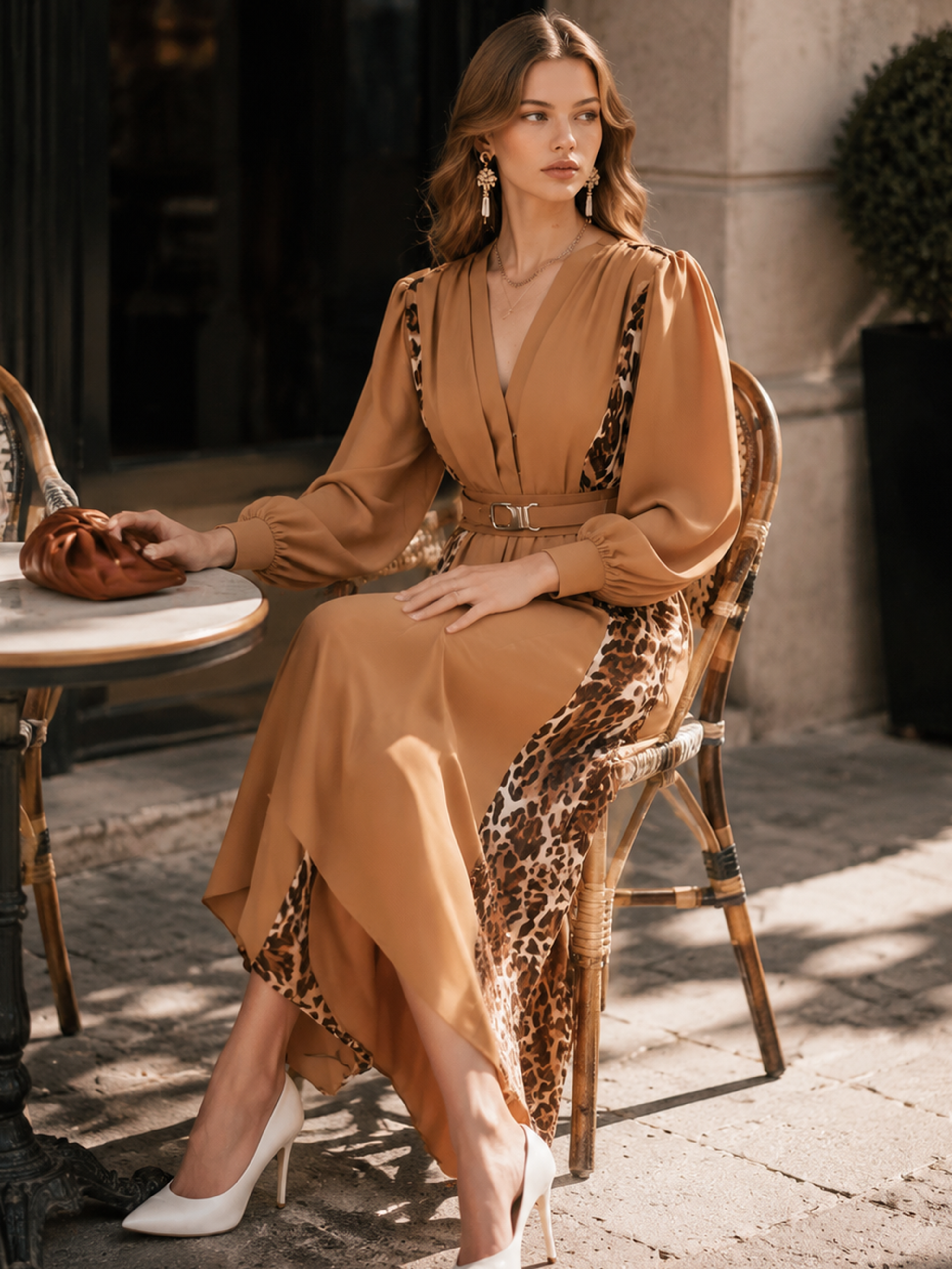 Elegant Khaki & Leopard Print Chiffon V-Neck Midi Dress
