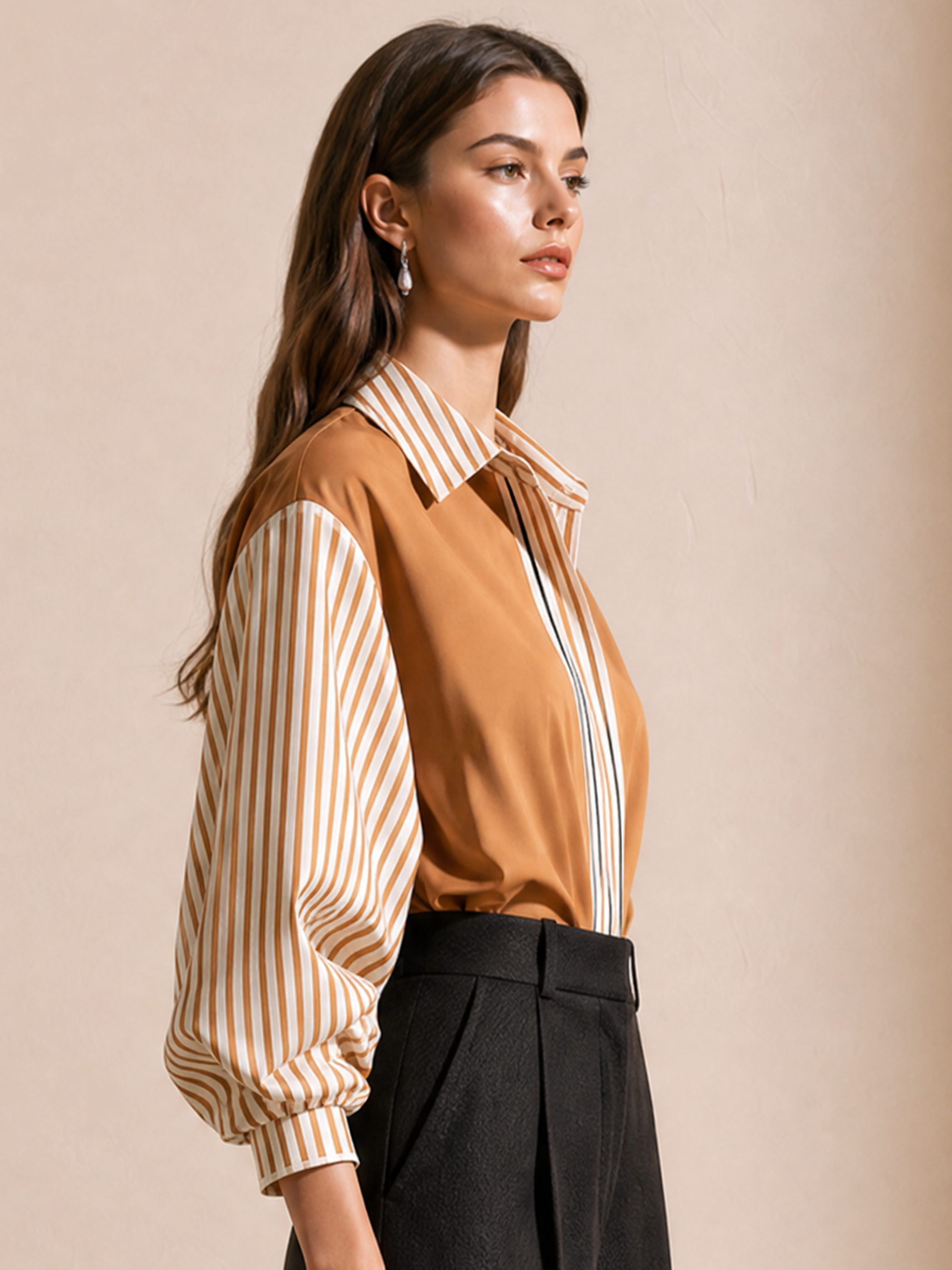 Elegant Khaki Contrast Stripe Patchwork Cotton Shirt